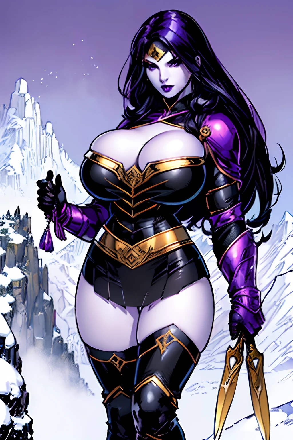 (masterpiece, top quality, best quality, official art, beautiful and aesthetic:1.2), (1girl:1.3), ((long (black hair))), (((pale purple skin, pale blue skin, blue skin, purple skin))), black makeup, extremely detailed, portrait, looking at viewer, solo, (full body:0.6), detailed background, close up, (cold night mountain theme:1.1), dark elf war dancer, charlatan, smirk, mysterious, swaying in mountains, skimpy attire, revealing gladiatrix costume, gold bikini, cowl, metal bikini, long boots, dual knives, violet fabric, black leather, ((((gigantic breasts, cleavage, skindentation)))), slim waist, slim hips, long legs, medieval (snowy mountain exterior:1.1) background, dark mysterious lighting, shadows, magical atmosphere, dutch angle