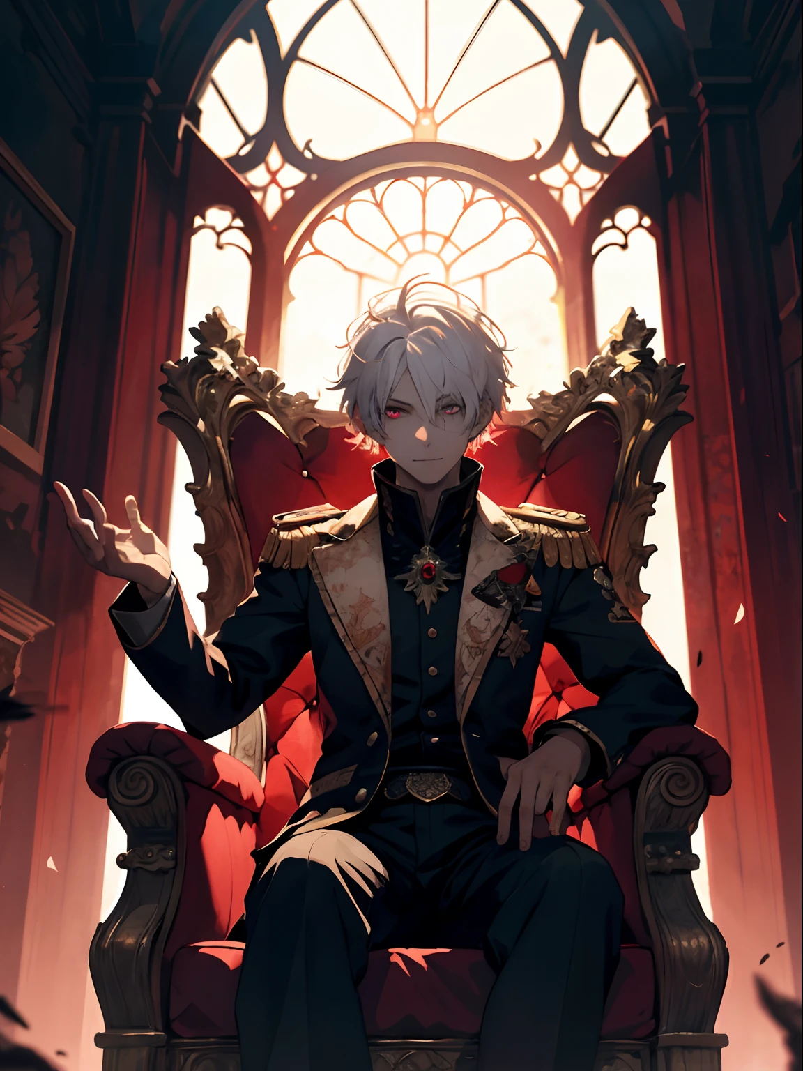 A white-haired, red-eyed prince sits on a majestic throne inside an abandoned palace. The environment around him is dark and gloomy, with cracks in the walls and cobwebs hanging there. The throne is ornate, with details in gold and precious stones, and is covered by a dusty cloth. The protagonist is wearing royal clothing, with a determined expression on his face, as he stares at the horizon with glowing red eyes, masterpiece, best quality, ultra-detailed, illustration, 8k resolution concept art, fantasy art, epic art, concept art wallpaper 4k, deep color, natural lighting