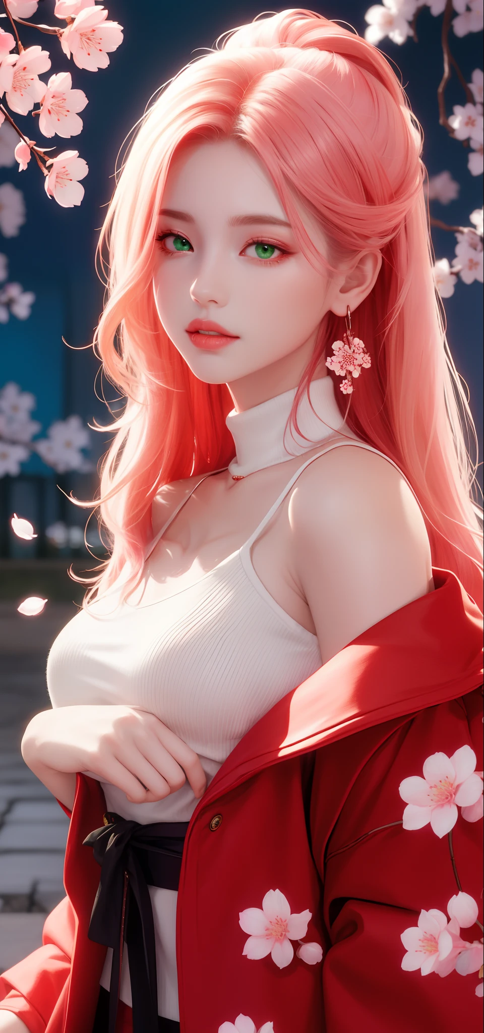 (Masterpiece, Excellent, 1girl, solo, complex details, color difference), realism, ((medium breath)), off-the-shoulders, big breasts, sexy, Yae Miko, long pink hair, red headdress, red highlight, hair above one eye, green eyes, earrings, sharp eyes, perfectly symmetrical figure, choker, neon shirt, open jacket, turtleneck sweater, against the wall, brick wall, graffiti, dim lighting, alley, looking at the audience, ((mean, seductive, charming)), ((cherry blossom background ))),((Japanese temple background)))), (((Glow-in-the-dark background)))