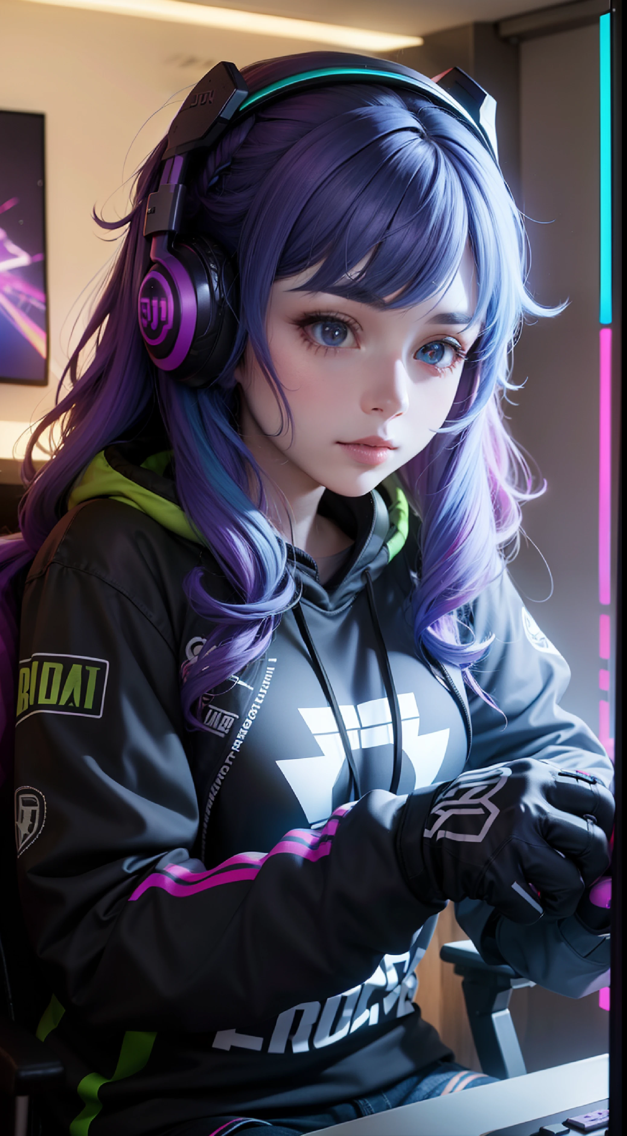 A gamer girl is decorating her gaming room with RGB lights. She is having fun choosing the perfect colors and effects. She can't wait to start gaming in her new, colorful space.