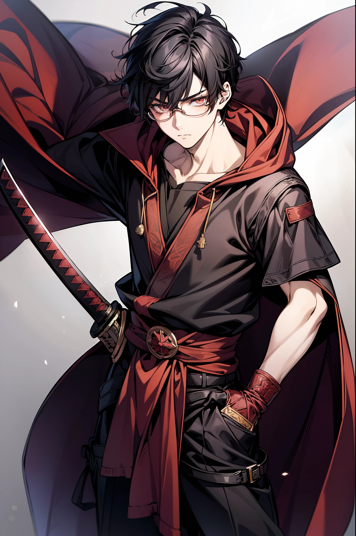 solo, (((anime boy with black hair))), (glasses), (hazel eyes), (serious expression), (bangs), ((red cloak)), ((katana strapped to hip)), (fantasy), ((high quality)), (extremely detailed)