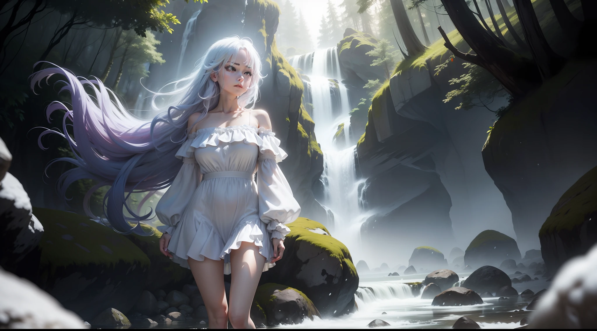 Motion blur, Depth of field，A place where strange boulders are bent，ln the forest，small stream，inverted image，extreme light，fog atmosphere，The moonlight shone on the side of the girl's face，22 year old，Realistic extra-long sleeves，Long off-the-shoulder dress，huge tit，cleavage，Full length of colorful hair（1.9），Color gradient for long hair，Messy hair，Barefoot，Full body like，realskin，realcumAI，Snow-white skin，upper legs，Top image quality，Extreme light and shadow，White panty hose，High details，Standing painting，lines of movement，dynamicposes，komono，PC Wallpapers，Two-thirds of the canvas generates the body，move chart