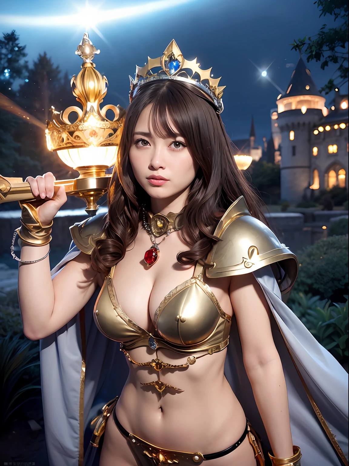Professional , masterpiece、top-quality、photos realistic , depth of fields (Gemstone Silver Metal Body:1.9),(Matte Silver、Jewel Gold Weapon、(Gorgeous castle background)、(Jewel White Metal Body:1.4),(Gorgeous Jewel Metal Weapons) , ((Hold the detailed sword of the hero)) ,(,close-up,dream magical,tornado ) ,(Micro Bikini Armor),warhammer 40k , adepta sororitas,Detail and ornate jewel crown、Brown hair、(Gangle's forest background)、1a person、dynamic ungle,(((Diamond tiara with detail and luxury)))、a small face、A smile、Powerful poses、(Gorgeous castle background)、huge filesize、20 year old beautiful woman、Stand in the center of the screen、Thin female fingers、Straight long hair、Beautiful Caucasian beauty、Mystical expression、Lightly open your mouth、,Luminescent particles,light scattering,Tindall Effect、cleavage of the breast、Fighting、