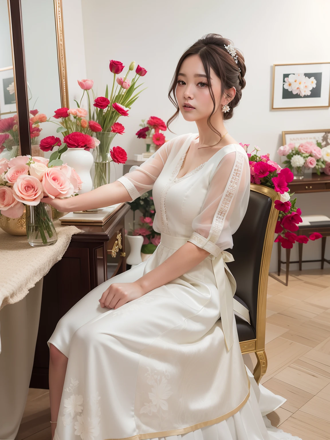 There is a woman sitting on a chair arranging flowers, Romantic dress, White Hanfu, jia, in romantic style, soft silk dress, shaxi, with, Elegant dress, exclusive, wearing stunning ivory dress, royal elegant pose, white royal dress, official photo, olivia, cyarine, goodlooking, wearing ivory colour dress, on a, Actress