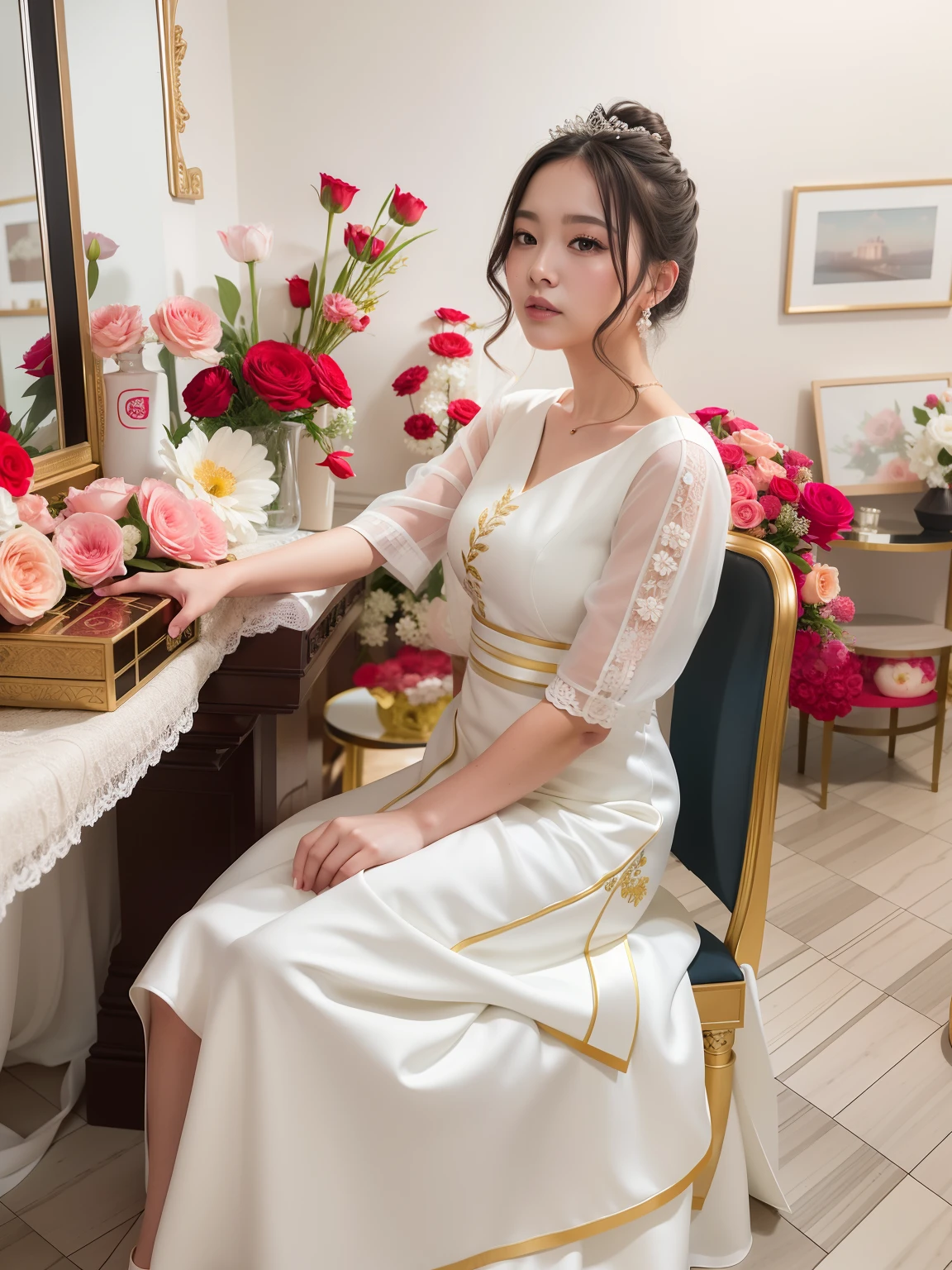 There is a woman sitting on a chair arranging flowers, Romantic dress, White Hanfu, jia, in romantic style, soft silk dress, shaxi, with, Elegant dress, exclusive, wearing stunning ivory dress, royal elegant pose, white royal dress, official photo, olivia, cyarine, goodlooking, wearing ivory colour dress, on a, Actress