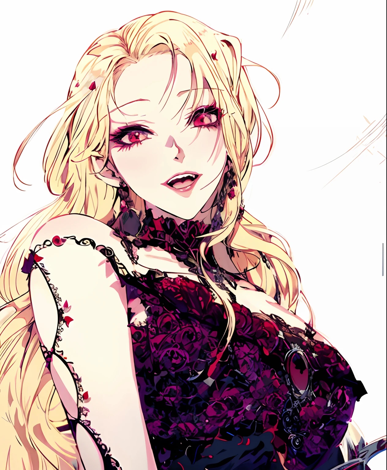a close up of a woman with long blonde hair wearing a dress, beautiful vampire queen, beautiful vampire female queen, gothic maiden anime girl, vampire queen, an elegant gothic princess, portrait of a lady vampire, blonde anime girl with long hair, elegant victorian vampire, vampire girl, anime key visual of elegant, ((a beautiful fantasy empress)), castlevania witch, scary look, creepy eyes,