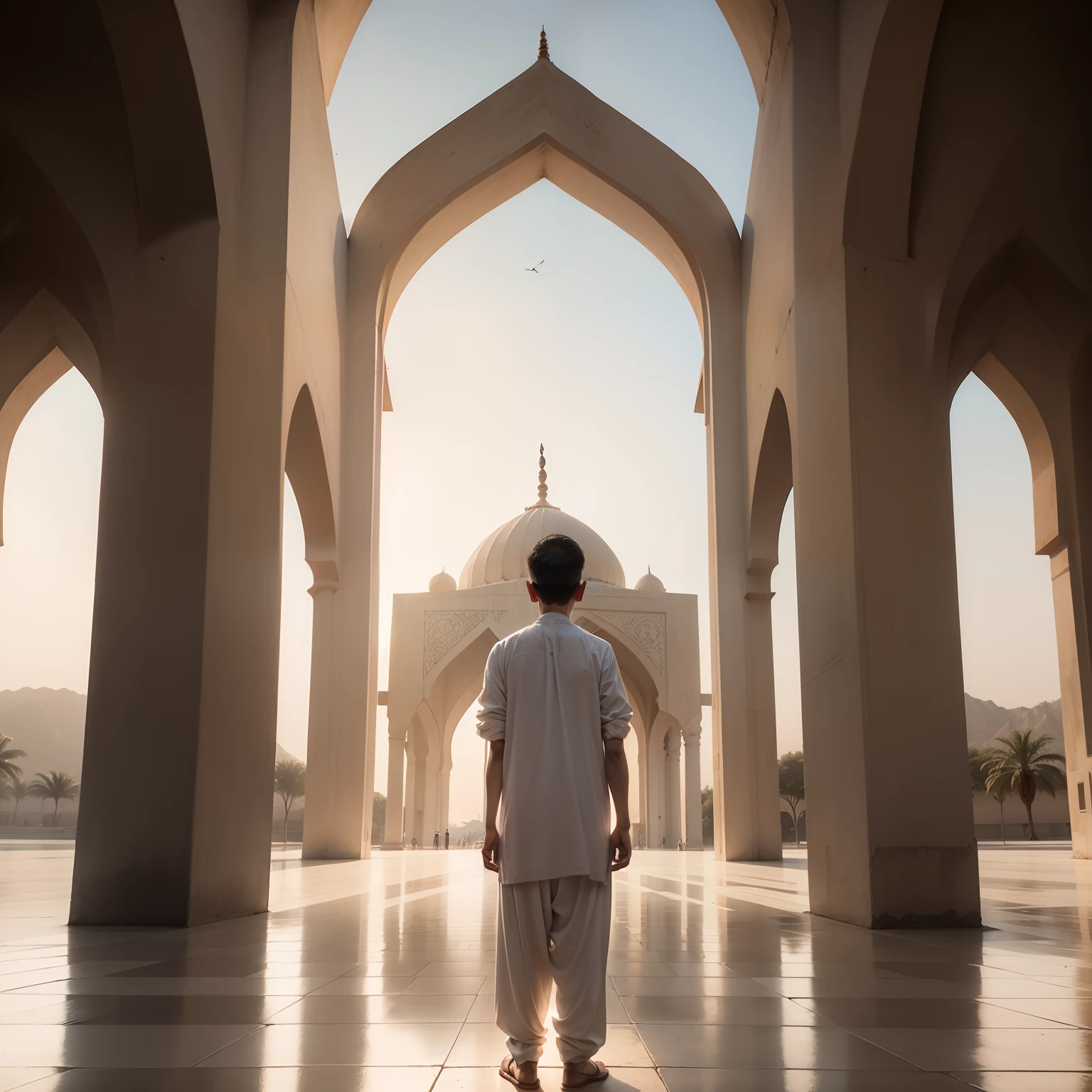 a boy standing in front of faisal masjid islamabad