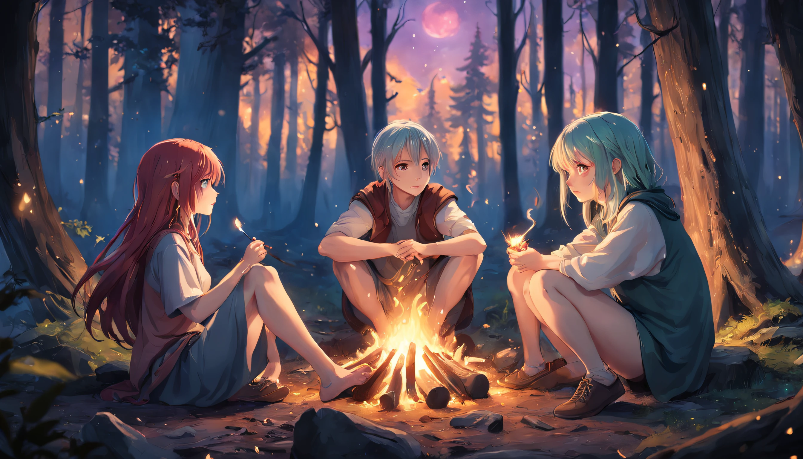 Three people sitting around a campfire in the forest, Cozy night fireflies, Fantasy Painting HD, Cozy enchanted scene, fantasy scene, background illustration, realistic fantasy painting, Magical atmosphere, at a campfire in the forest, Relaxing concept art, Wide-angle fantasy art, realistic fantasy illustration, fantasy atmospheric lighting, hd fantasy art, Campfire background, Beautiful fantasy picture, Breathtaking backstory, The effect of presence, Particles of magic, 3D-эффект, Ultra HD, SGI, super detaill, ccurate, Best Quality, 16k, UHD, ccurate, anatomically correct, High Details, hight resolution, Beautiful, anatomically correct, extra high resolution, (photo-realistic: 1,4), 8K resolution, ..3d, ........CGI, voluminous lighting, beste-Qualit, extra high resolution, (photo-realistic: 1,4), 8K resolution, (Realistic hair: 1,2), (Realistic eyes: 1,2), (beatiful face :1.3), High contrast, 8K, super detaill, ccurate, Best Quality, 16k, (extremely detailed CG unity 8k wallpaper,Masterpiece, Best Quality, Ultra-detailed),(extreamly delicate and beautiful),(Floating),(mysterious),(blue eyes),(Silver hair),(red hair),(purple hair),(yellow hair),(green hair)
