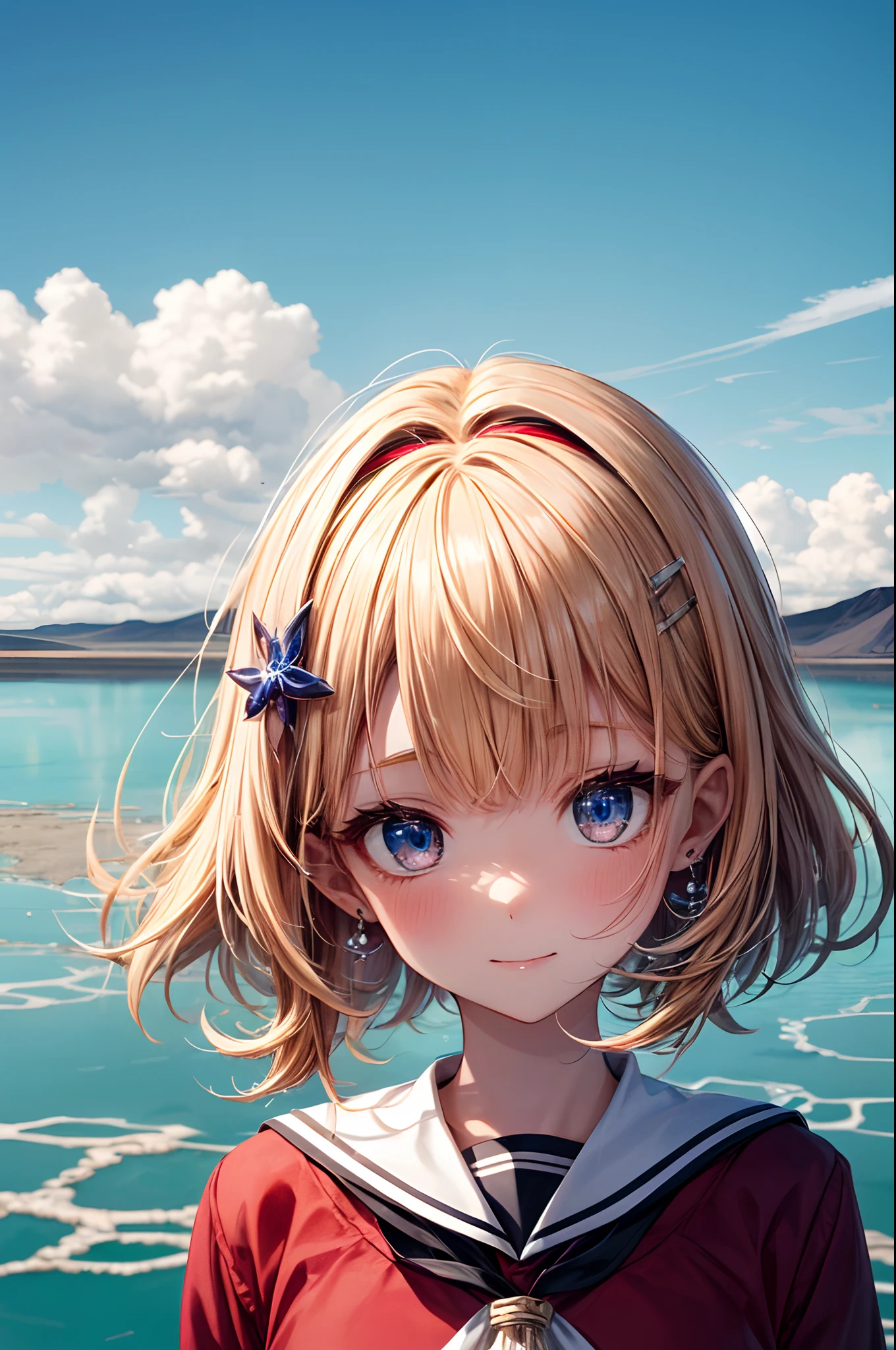 absurderes, (独奏:1.5,)ultra-detailliert,bright colour, extremely beautiful detailed anime face and eyes, view straight on, ;D, shiny_skin,25 years old, Short hair, , asymmetrical bangs, Blonde hair with short twin tails, Shiny hair, Delicate beautiful face, red blush、(Blue eyes), White skin, hair clips, earrings, a sailor suit,praid skirt、(Salar de Uyuni:1.3)