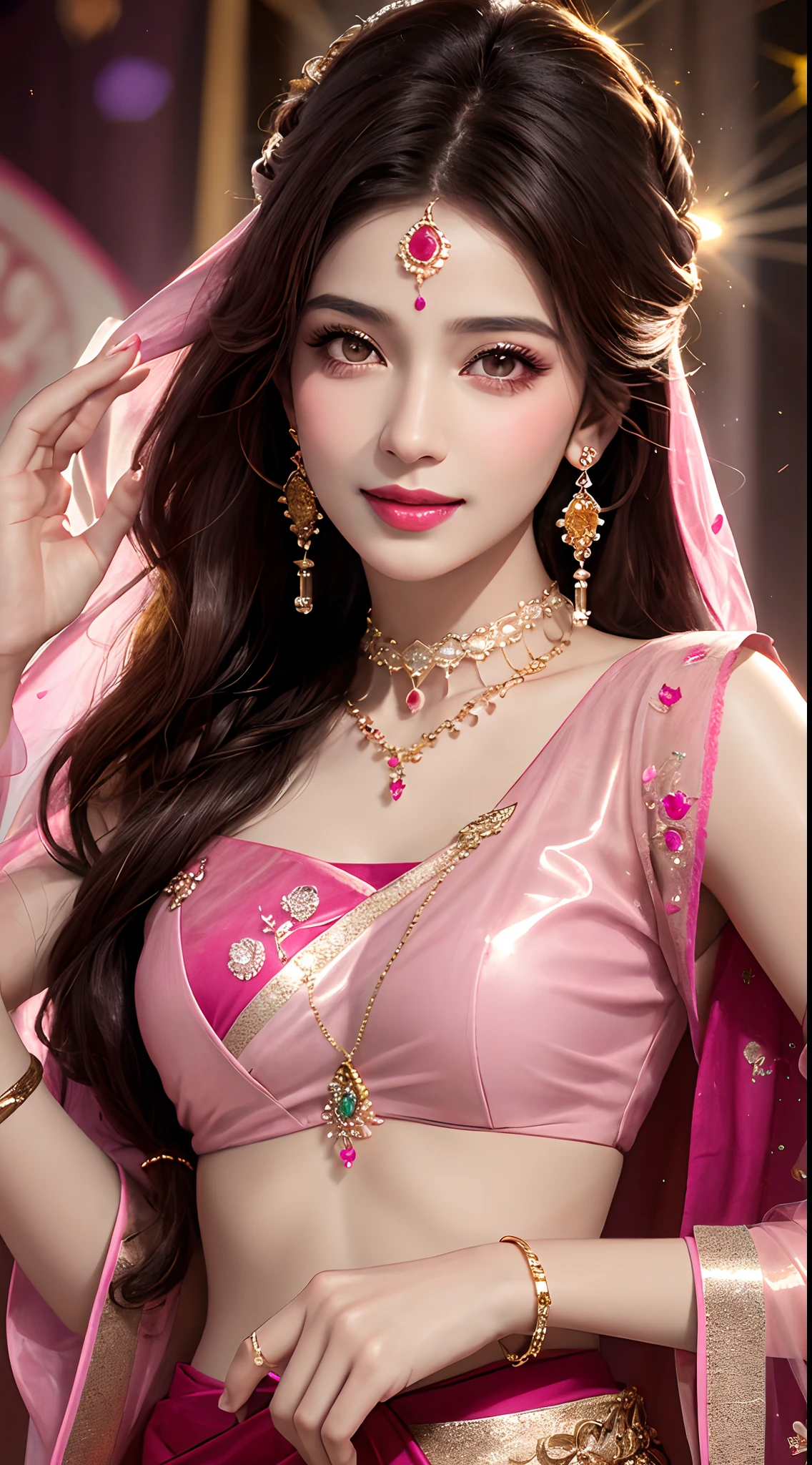 realistic, photorealistic, masterpiece, best quality, a girl, looking at viewer, happy, long hair, beautifully lips, indian lahanga, pink lahanga, spreading lahanga, pink lace transparent, gold plating, jewellery, DJ lights, spreading lights, sparkle light, attractive pose, whole body capture,