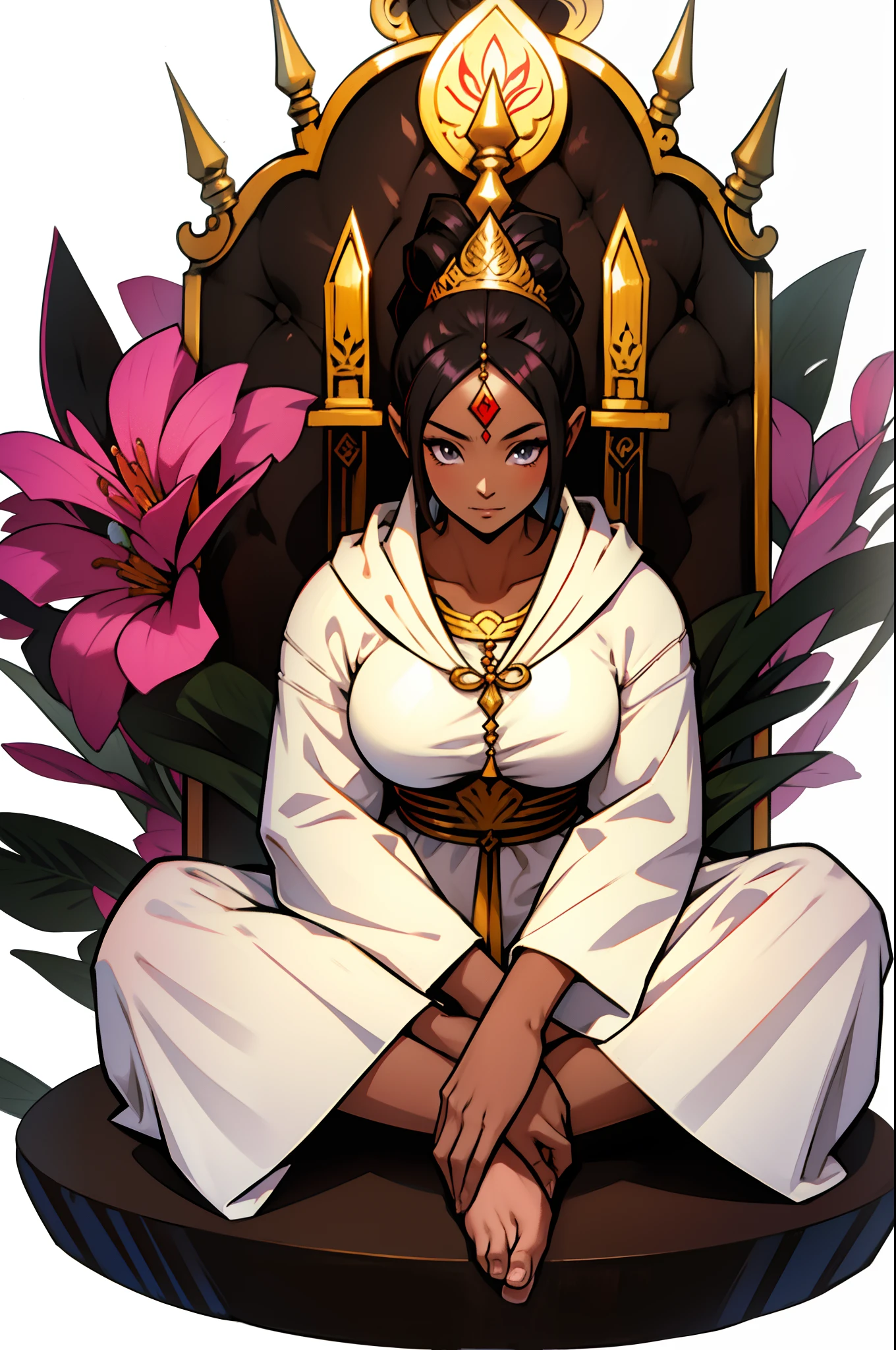 anime style, Southeast Asian, Khmer woman, woman, Khmer, Cambodian, hindu style, spiritual goddess, deity, full body from head to toe, dark chocolate skin tone, hair all down hairstyle, meditation position, seating position, prayer, wearing a grey long hoodie robe dress, white color hair, I want the picture to be complete and accurate, all pure white background scenery, "centered postition",