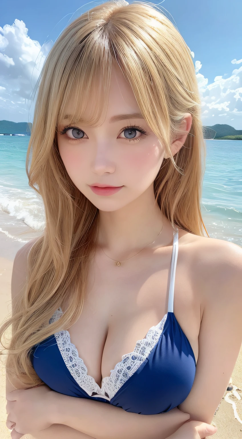 ((the highest quality、8ｋ、A masterpiece:1.3))、((Beautiful Russian women))、1 female、enormous breast:1.3、Slender body type:1.1、toned abs、Blonde semi-long hair、(BEATCH、Wet body、Cute Bikini:1.1)、Super detailed face、detailed lips、detailed eye、Double eyelidd、beach ball、a smiling look、Blue Sky、clouds、looking left、Kneeling