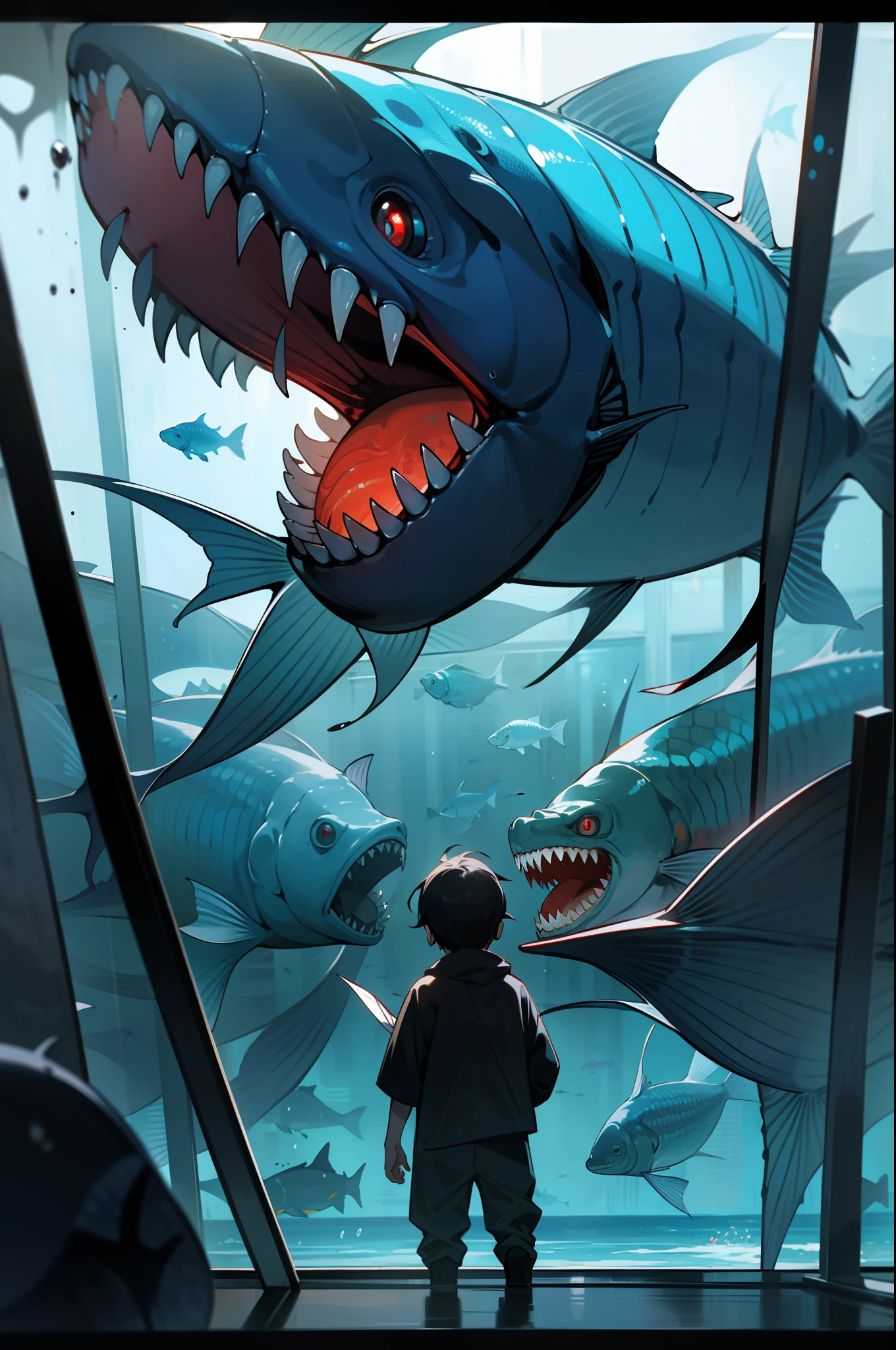 In a dreamlike underwater scene, a young boy with captivating, watery eyes gazes up in awe at a vibrant red fish swimming before him. This tranquil moment, inspired by the enchanting style of renowned anime artists Makoto Shinkai and Otomo Katsuhiro, is depicted in a hyper-realistic, hyper-detailed render. The boy's youthful features are meticulously rendered with each pore, strand of hair, and crease etched in fine, exaggerated perspective. The vibrant red fish is a breathtaking spectacle, its scales shimmering with a Tyndall effect, holographic white and mother-of-