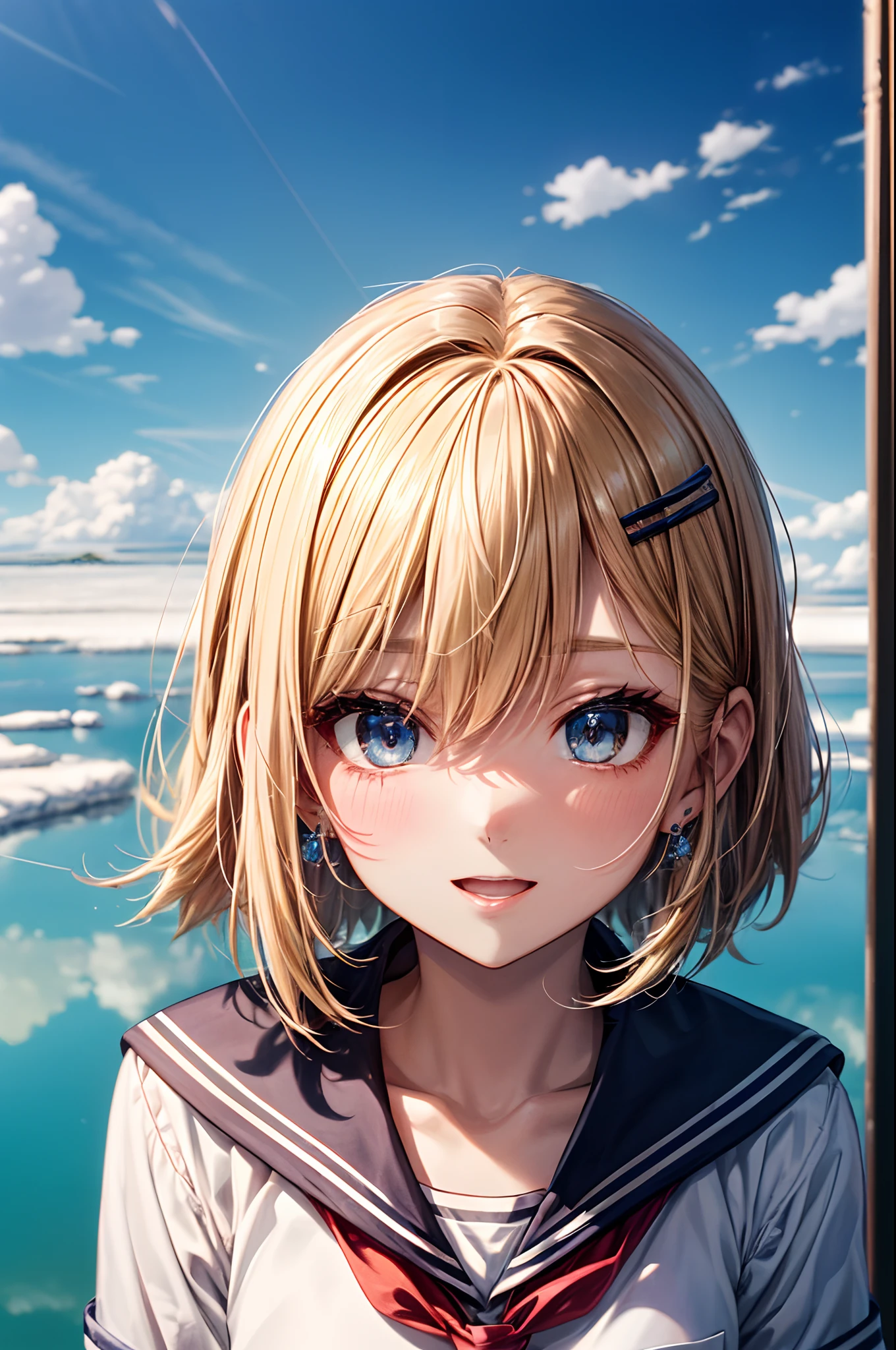 absurderes, (独奏:1.5,)ultra-detailliert,bright colour, extremely beautiful detailed anime face and eyes, view straight on, ;D, shiny_skin,25 years old, Short hair, , asymmetrical bangs, Blonde hair with short twin tails, Shiny hair, Delicate beautiful face, red blush、(Blue eyes), White skin, hair clips, earrings, a sailor suit,praid skirt、(Salar de Uyuni:1.3)