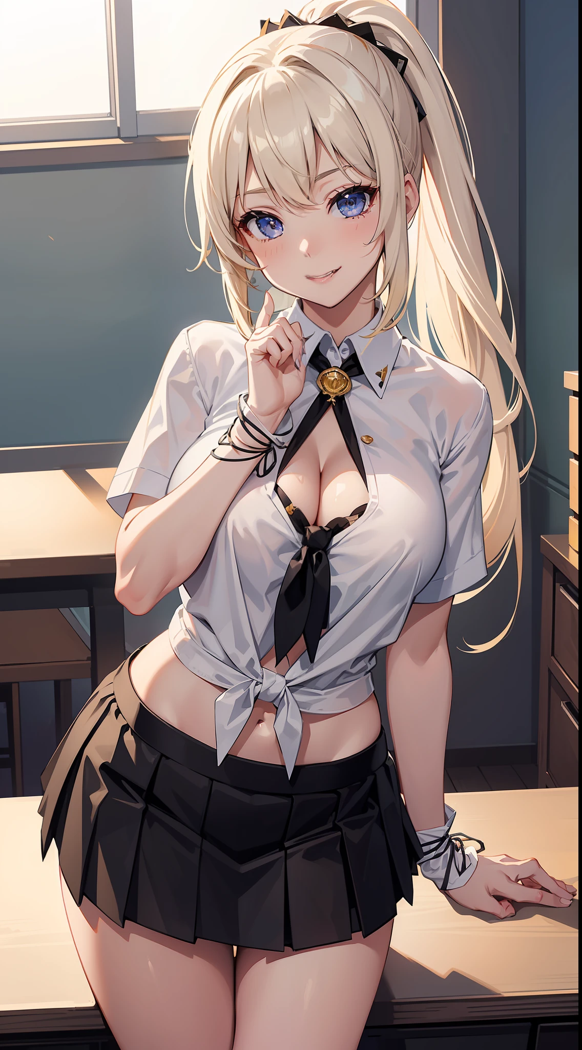 8k, highres, ultra detailed, (masterpiece:1.4), best quality, symmetrical body, a beautiful 18 year old gyaru, (gyaru:1.4), (white tied cropped shirt and short black skirt:1.4), cute, solo, long hair, dark blonde hair, ponytail hairstyle, blue eyes, glow effect, finely eye, detailed face, teasing smile, looking at viewer, smilling at viewer, leaning forward, dominant look, teasing, (seductive look:1.4), big breasts, sun, rim light, classroom (sexy pose:1.4)