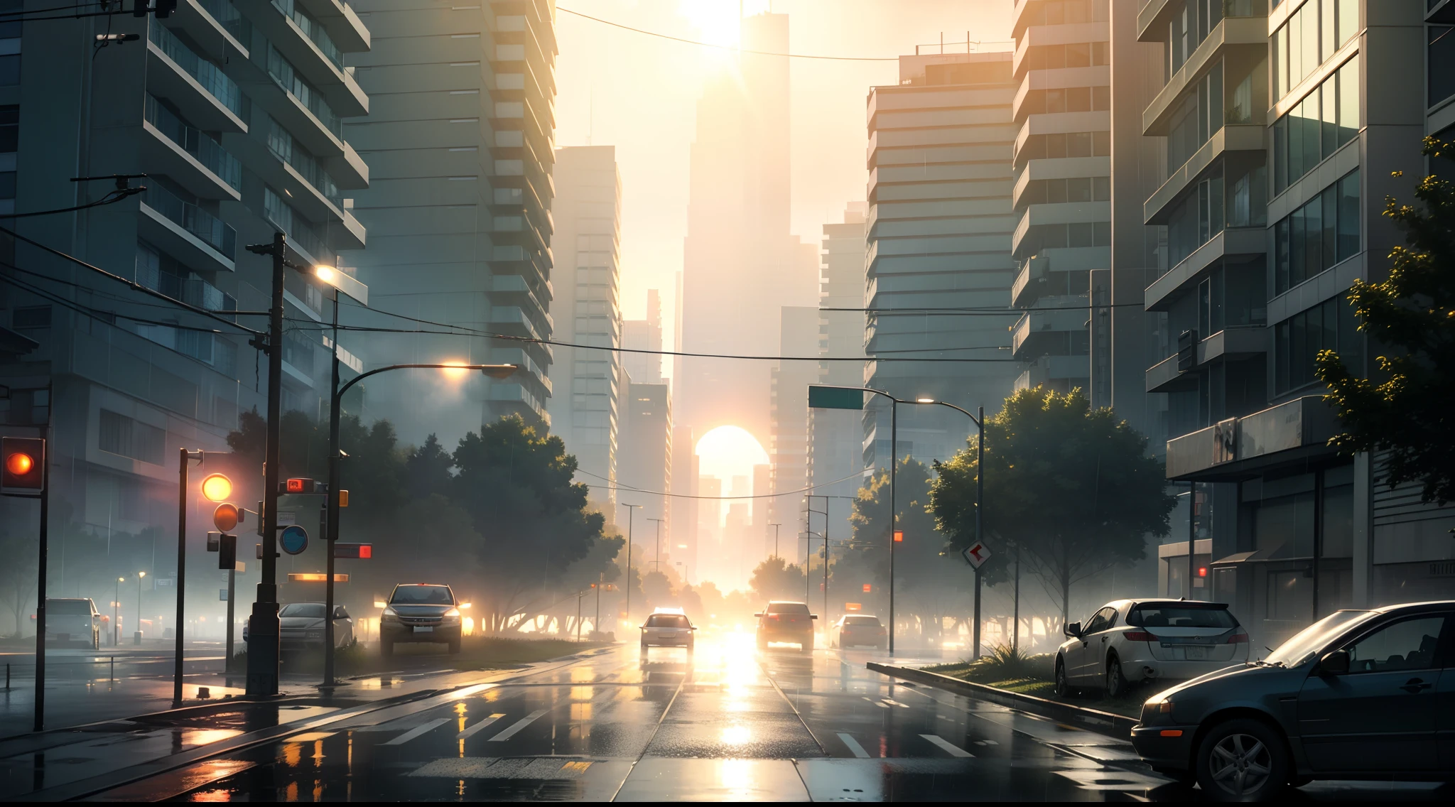 (masterpiece, top quality, 8k, ultra detailed, god rays, ray traced), ((gloomy, post apocalyptic, ghost city)), ((bright sun, rain shower)). ((no cars, no humans)), foggy, (vines growing on buildings), (broken traffic lights), ((cinematic)), cinematic lighting, ((taken on main road, high rise buildings on either sides)),wide angle, (shot taken from low level), greenish-greyish fog, ((no cars)), empty street