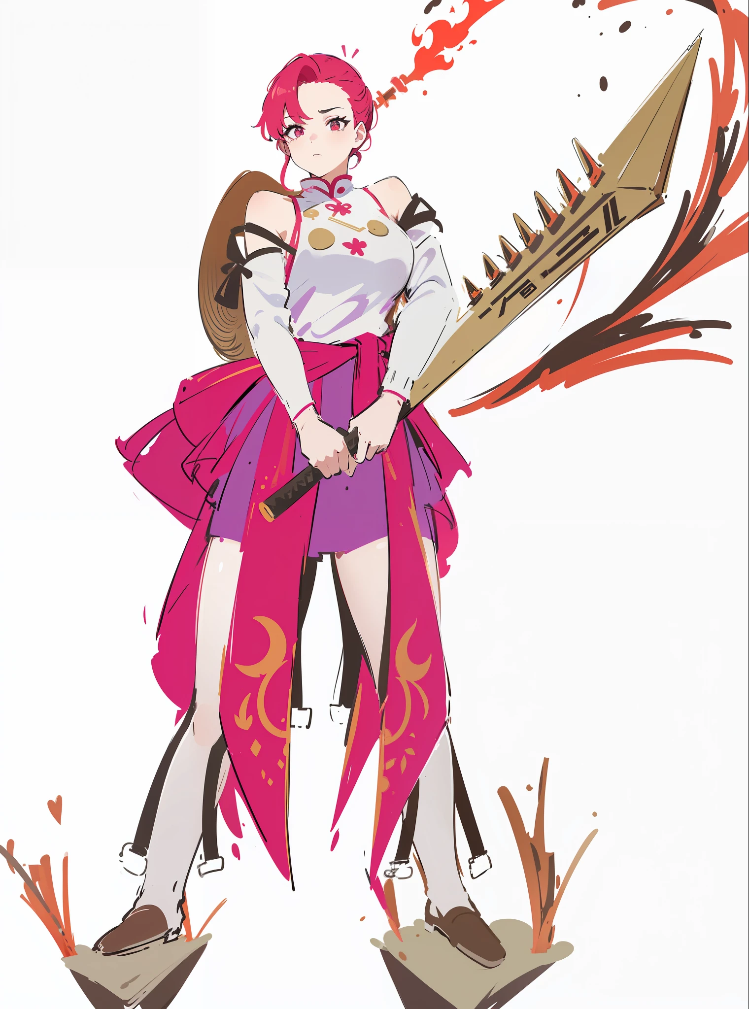 In the Land of Fire, A girl with purple and red hair，Wearing a red-tailed cheongsam with a white figure，holding detailed a big Sword，Use the fire element to attack