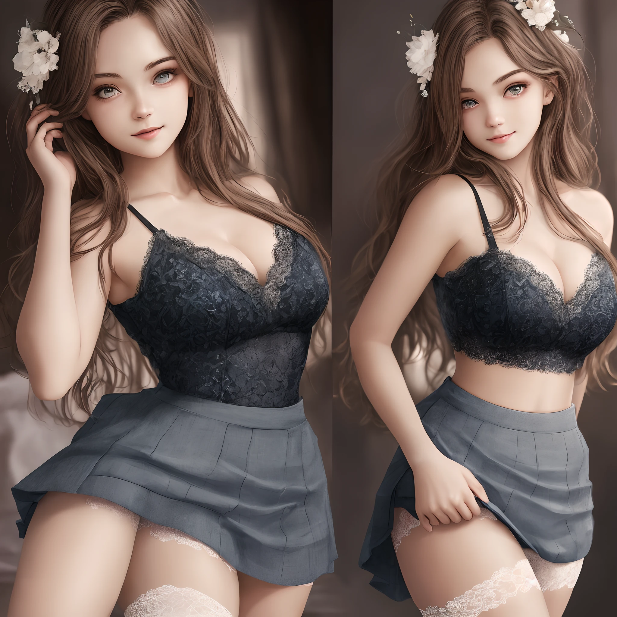 (RAW photos:1.2),high high quality,beautiful details girl,bunnygirl,ssmile,pantiess,Panty shots,Highly detailed eyes and face,beatiful detailed eyes,hugefilesize,A high resolution,A high resolution,8k wallpaper,finely detailled,Highly detailed stock code uniform 8k wallpaper,light in face,cinmatic lighting,16 year old girl,pleatedskirt,A sexy pose,(photo-realism:1.4),illustratio,ultra-realistic realism, look from down,super detailing,tmasterpiece, Lace,with no underpants
