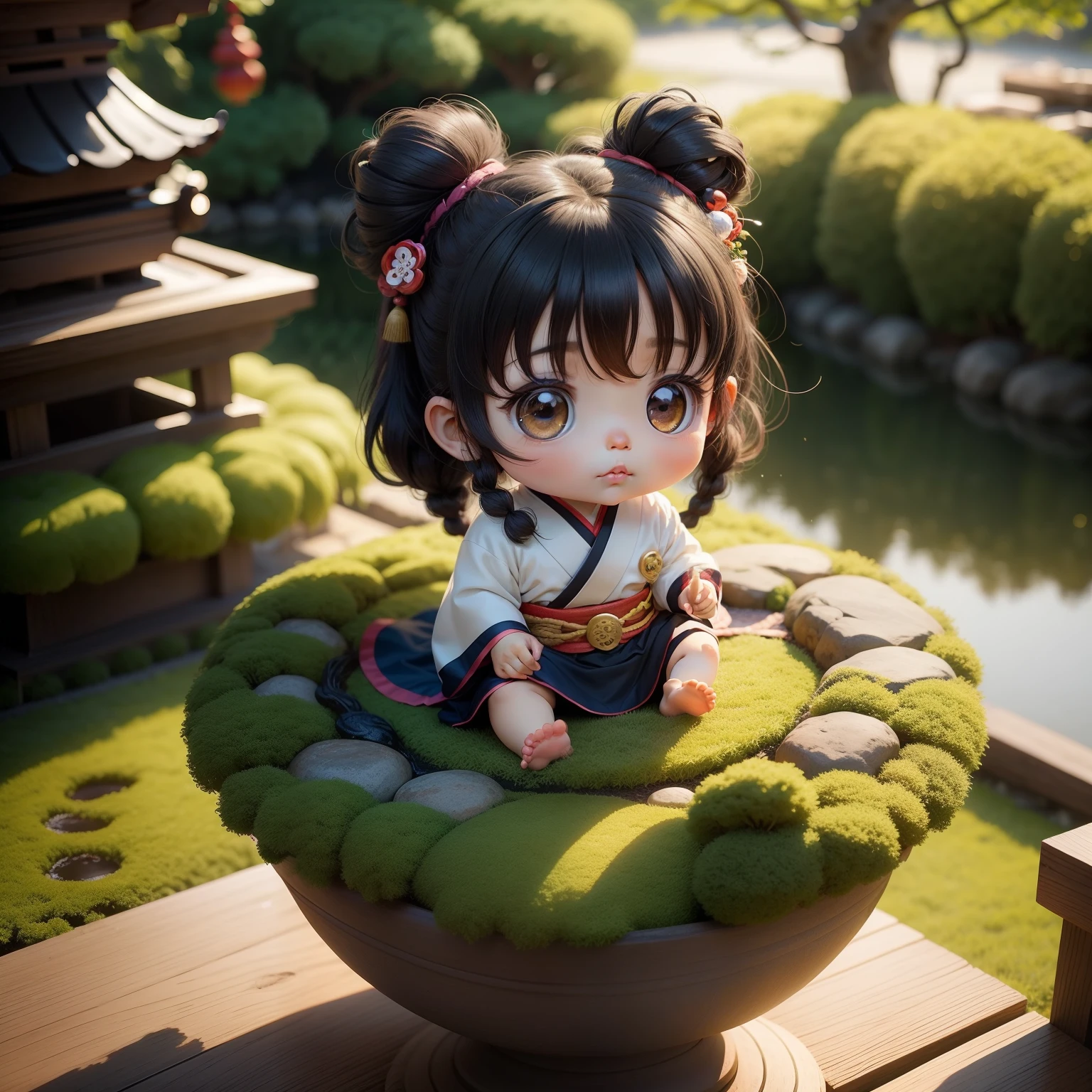 Cute Baby Chibi Anime,Generated knotted hair,Archaic hair ornament,Japanese garden.