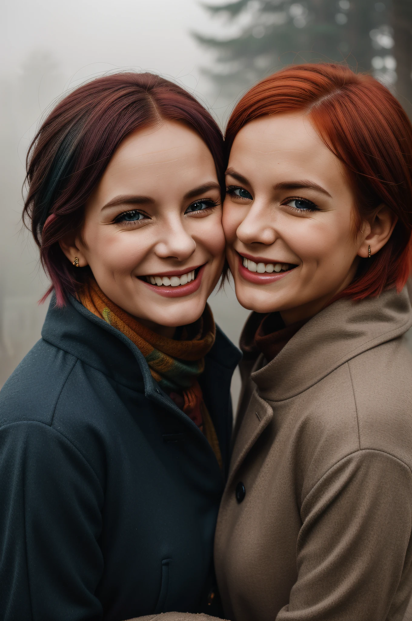 closeup portrait photography of a dating lesbian couple, fancy dark grey and brown warm clothes, one blue hair, one red hair, two different faces, happy, laughing, young, hugging, colorful, stylish, artistic by alberto seveso, park, dusk, misty fog, cold weather, frost, autumn leaves, pond