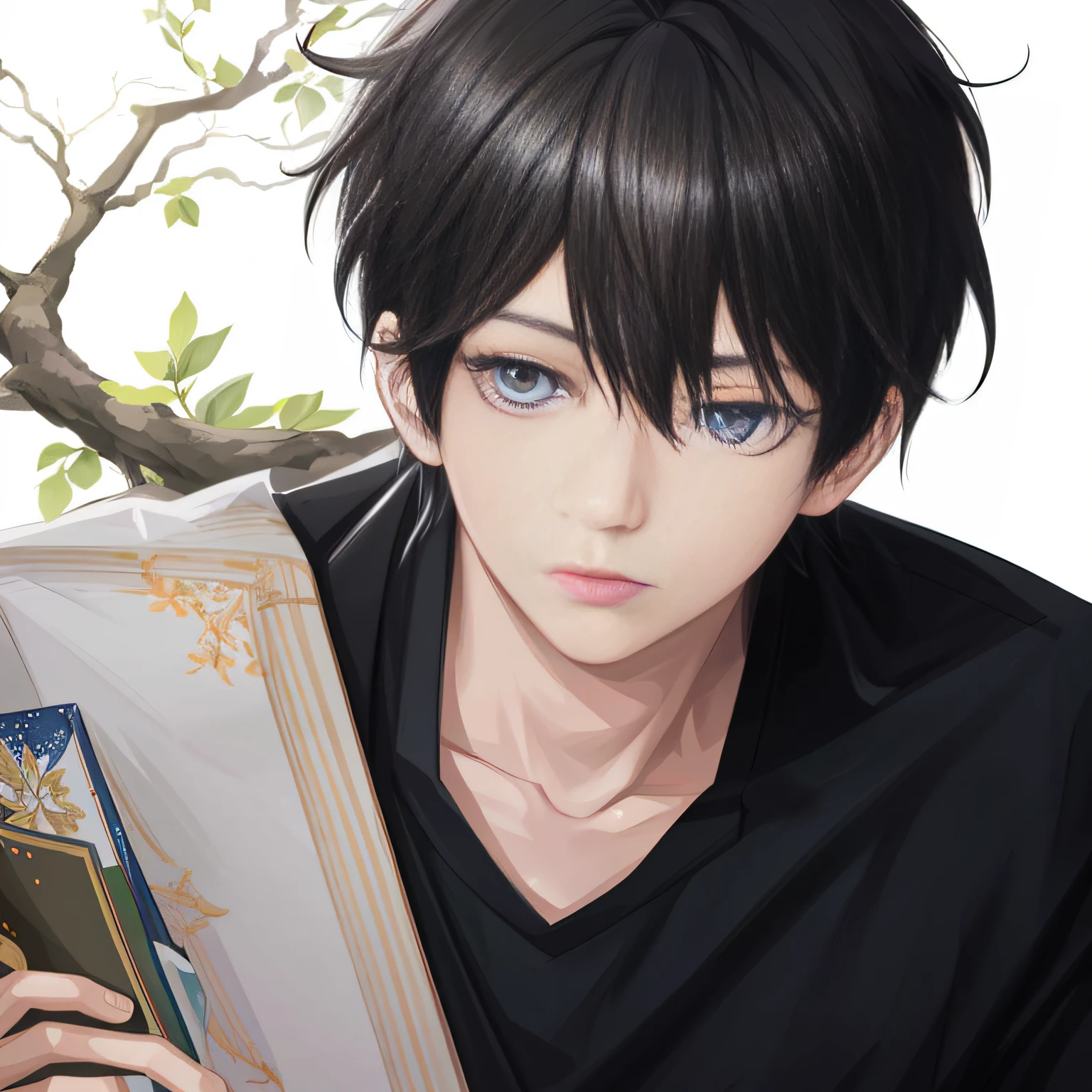 Anime boy reading,The cover of the book has no content,A tree in the background, Guviz-style artwork, Anime portrait of a handsome man, Kawaii realistic portrait, young anime man, Anime style portrait, Anime handsome man, semi realistic anime, Digital anime illustration, Smooth anime CG art, anime realism style, anime portrait, realistic anime artstyle, semi realistic anime,quadratic element