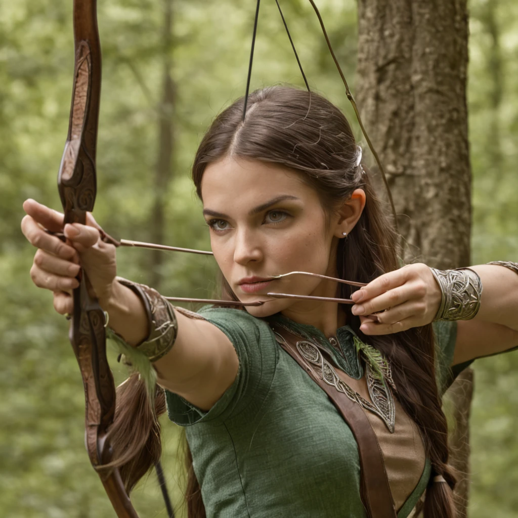 An enchanting and evocative photo capturing the essence of an elven archer as they patiently await the perfect opportunity to release their arrow. Perched gracefully on a sturdy tree branch, the elven archer blends seamlessly with the surrounding forest, their keen eyes focused intently on their target below. The dappled sunlight filters through the leaves, casting a soft, ethereal glow on the archer's elven features and the intricate details of their finely crafted bow and arrows. The photograph is taken with a Sony Alpha 7R IV mirrorless camera, paired with a Sony FE 70-200mm f/2.8 GM OSS lens, known for its exceptional image quality and versatility. The camera settings are carefully chosen to capture the elven archer's poise and concentration, with an aperture of f/4 to maintain a balanced depth of field, ISO 400 for optimal image quality, and a shutter speed of 1/250 sec to freeze any subtle movement. The composition is framed to showcase the archer's connection to the natural world, with the vibrant greens of the forest serving as a harmonious backdrop to their ethereal presence. The elven archer's attire, adorned with intricate patterns and flowing fabrics, reflects their connection to the mystical realm. The scene is imbued with a sense of anticipation and mystery, inviting viewers to share in the archer's vigilance and appreciation for the delicate balance of the forest. This captivating, high-resolution photograph transports viewers to a world of fantasy and wonder, where the boundaries between nature and magic blur.
