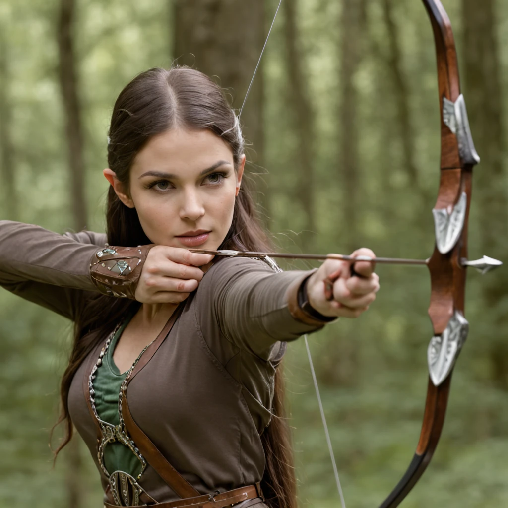 An enchanting and evocative photo capturing the essence of an elven archer as they patiently await the perfect opportunity to release their arrow. Perched gracefully on a sturdy tree branch, the elven archer blends seamlessly with the surrounding forest, their keen eyes focused intently on their target below. The dappled sunlight filters through the leaves, casting a soft, ethereal glow on the archer's elven features and the intricate details of their finely crafted bow and arrows. The photograph is taken with a Sony Alpha 7R IV mirrorless camera, paired with a Sony FE 70-200mm f/2.8 GM OSS lens, known for its exceptional image quality and versatility. The camera settings are carefully chosen to capture the elven archer's poise and concentration, with an aperture of f/4 to maintain a balanced depth of field, ISO 400 for optimal image quality, and a shutter speed of 1/250 sec to freeze any subtle movement. The composition is framed to showcase the archer's connection to the natural world, with the vibrant greens of the forest serving as a harmonious backdrop to their ethereal presence. The elven archer's attire, adorned with intricate patterns and flowing fabrics, reflects their connection to the mystical realm. The scene is imbued with a sense of anticipation and mystery, inviting viewers to share in the archer's vigilance and appreciation for the delicate balance of the forest. This captivating, high-resolution photograph transports viewers to a world of fantasy and wonder, where the boundaries between nature and magic blur.