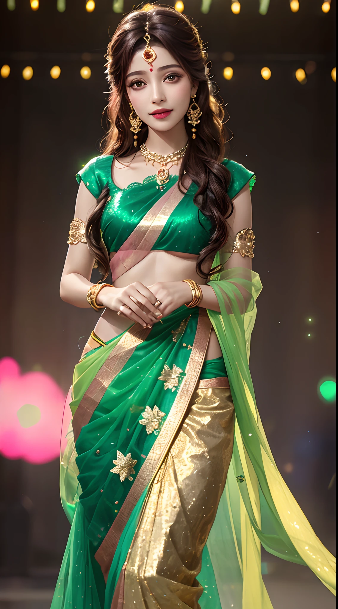 realistic, photorealistic, masterpiece, best quality, a girl, looking at viewer, happy, long hair, beautifully lips, indian lahanga, pink and green lahanga, spreading lahanga, green lace transparent, gold plating, jewellery, DJ lights, spreading lights, sparkle lights, standing, whole body capture,