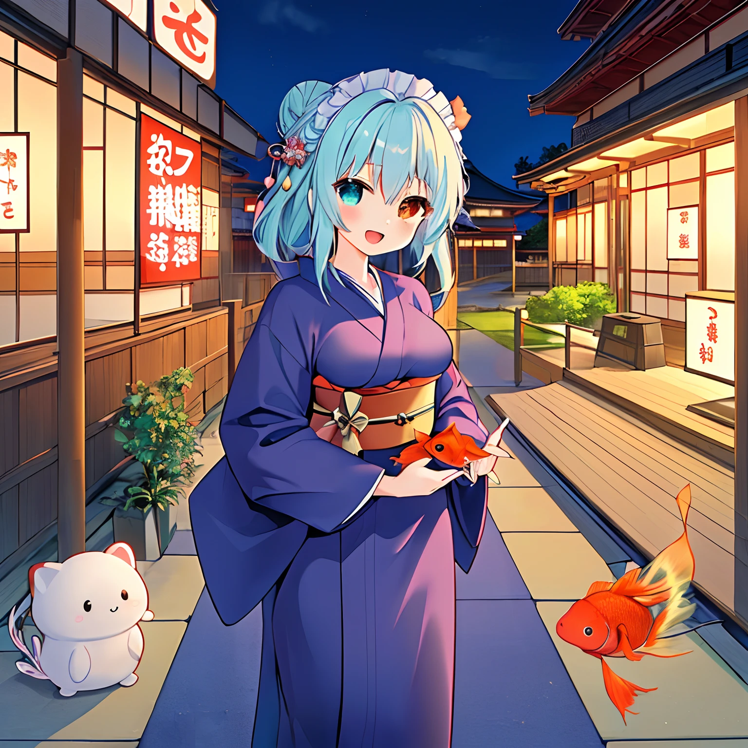 "Kyoto Animation" Style Anime Illustration, of the highest quality, (Cute: 1.1), (Cute), (High resolution: 1.2), Incredibly ridiculous: 1.3, incredibly fine illustrations, Cute Girls, (Heterochromia, light blue eyes and light green eyes), Solo, Standing figure, Happy, :D, masutepiece, of the highest quality, absurdity, High resolution, Official art, (Cute: 1.8), (( Chibi Character: 1.5)), Solo, ((Light blue hair, Bun hair, Kanzahin Hair, 1 beautiful girl, (Cute: 1.8), Caregiver, maid, (((Long yukata, Illustration of morning glory, Indigo Color, Luxury belt)), Watch the viewer, From the front, Princess Eyes, Big breasts, From the front, Japan festival, Night Shop, Cute clogs, Deformed Character, With a goldfish purse,