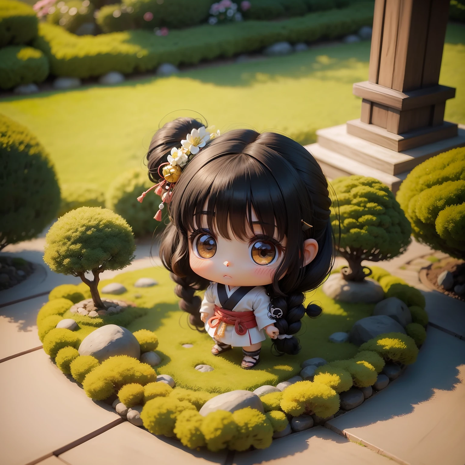Cute Chibi Anime,Generated knotted hair,Archaic hair ornament,Japanese garden.