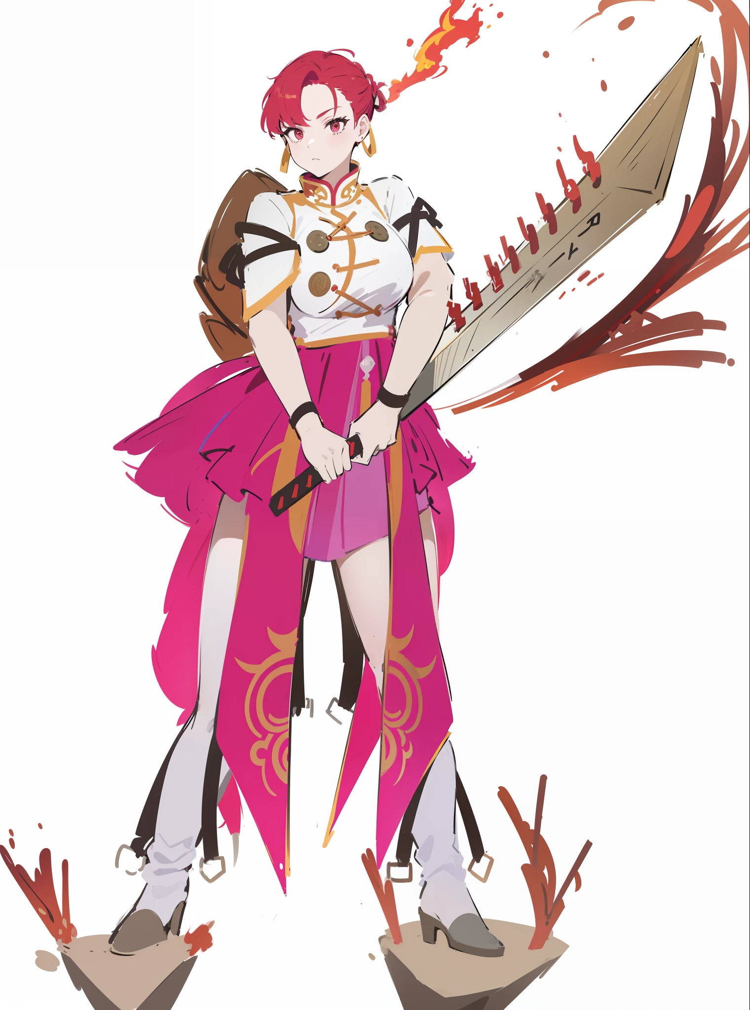 In the Land of Fire, A girl with purple and red hair,Wearing a red-tailed cheongsam with a white figure,holding detailed a big Sword,Use the fire element to attack