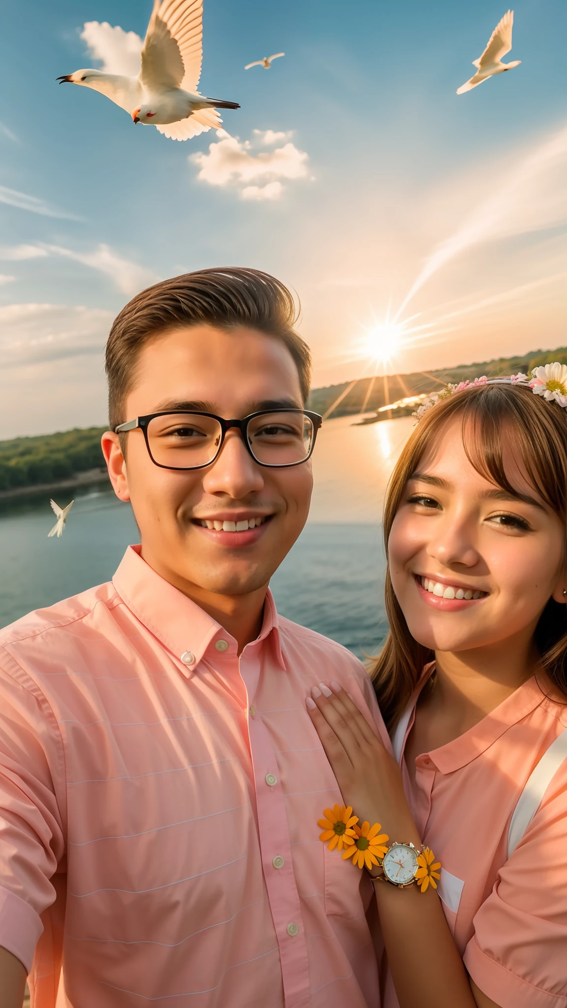 Cartoon,Anime,beautiful,cute,handsome,couple anime,beautiful sunset background,nature weather,base original image,4k ultra,High quality,smile,colour balance,flying birds in the sky background,happy couple,solve girl's hand error,Put the girl's hand on the boy's shoulder base original image,remove boy's glass,Put a watch made of cute little flowers on a girl's hand,Place a white flower on the girl's head