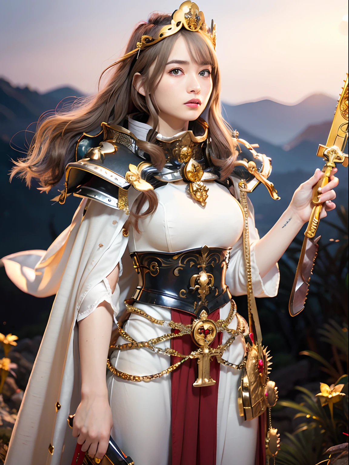 (masutepiece), Professional , ​masterpiece、top-quality、photos realistic , depth of fields （Gemstone White Metal Body:1.９),(Matte White、Jewel Gold Weapon（Jewel Metal Body:1.４),Gorgeous metal weapons ,（（ Detailed and gorgeous sword of the brave）） , Beautiful knife   ,warhammer 40k , adepta sororitas,Detail and ornate jewel crown、（（Golden hair））、（（Gangle's forest background））、Beautiful Caucasian beauty、１a person、dynamic ungle,(((Detailed and ornate diamond crown)))、Smaller head、A smile、Background inside the castle、Thin and beautiful female hands、cleavage of the breast、Soldier in iron armor on background、Mystical expression、Light Effects、intense fighting、Wind-effect、magic circles、With the legendary magic wand、（wings of light）、Toostock、Toostock、