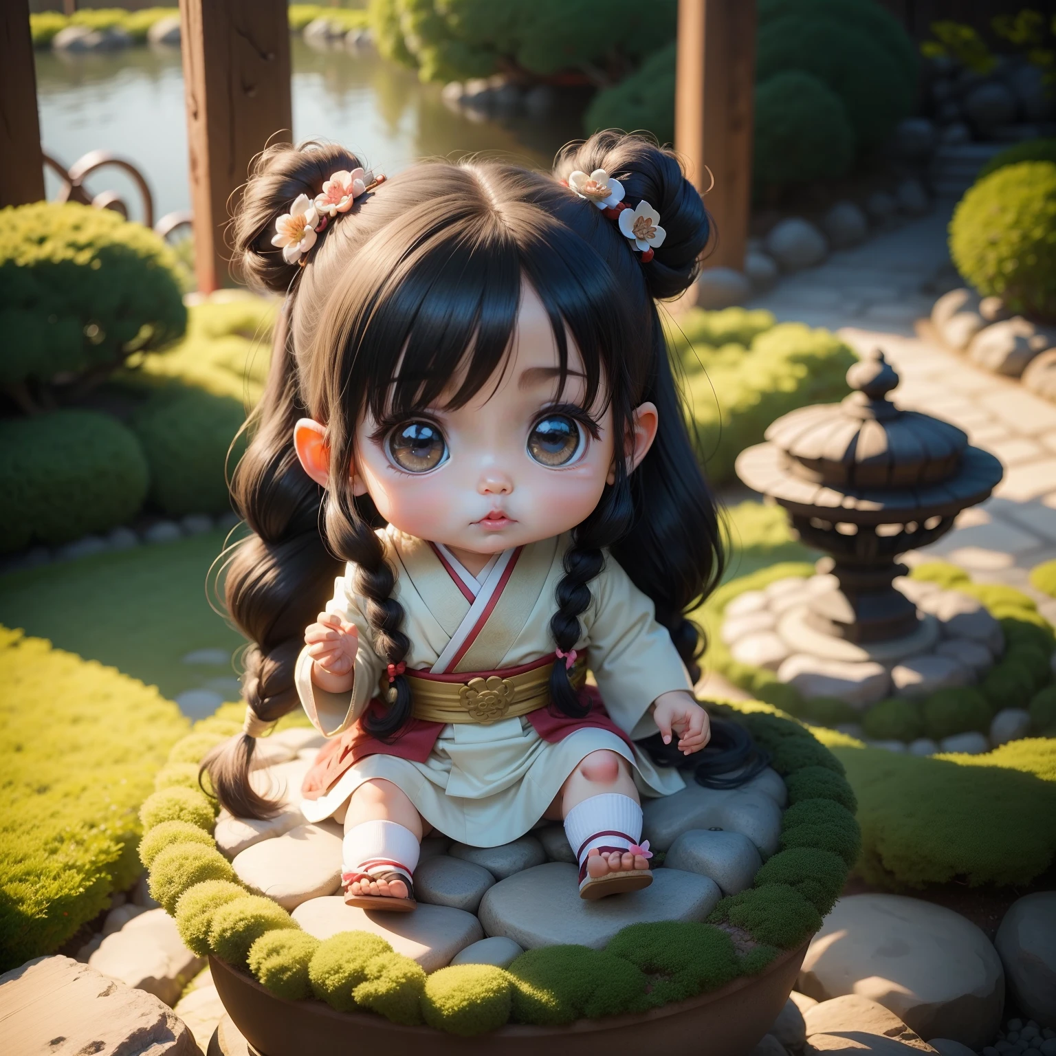 Cute Baby Chibi Anime,Generated knotted hair,Archaic hair ornament,Japanese garden.