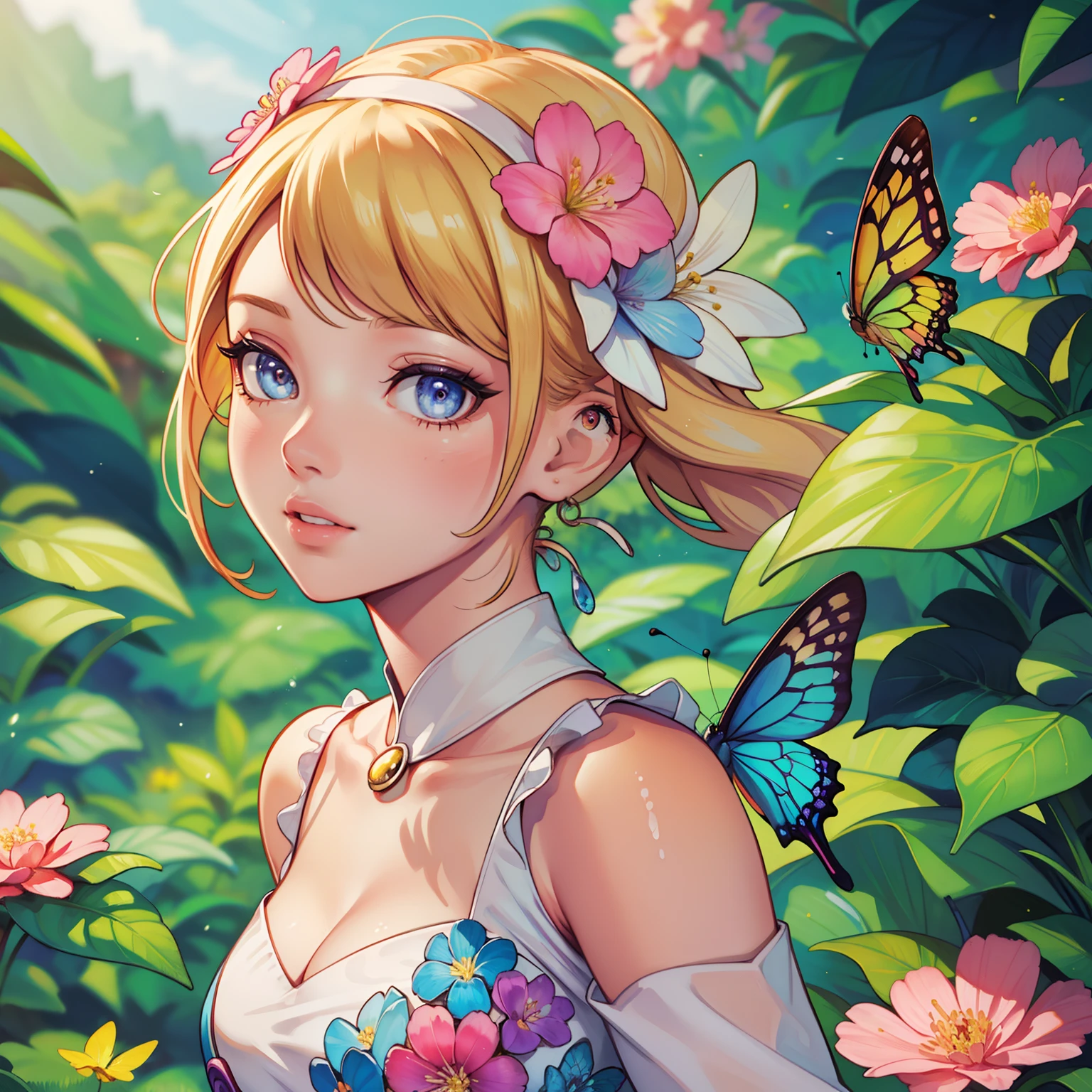 masterpice, (best quality), ((best detailed)), depth of field, a beautiful girl, beautiful face, nature, spirit, blossom, colorful landscape, flowers, butterflys, glowing dress, elements