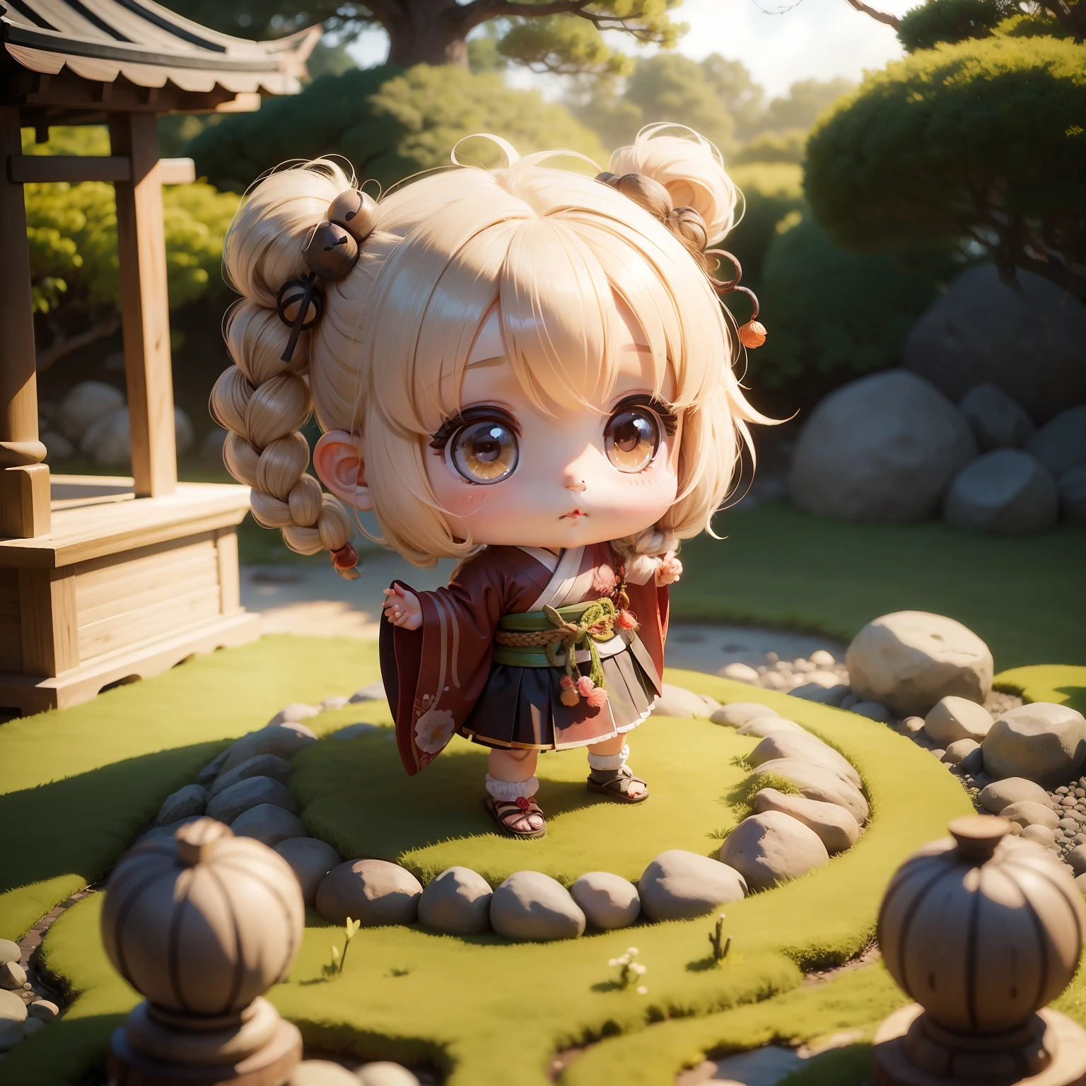 Cute  Chibi Anime,Generated knotted hair,Archaic hair ornament,Japanese garden.