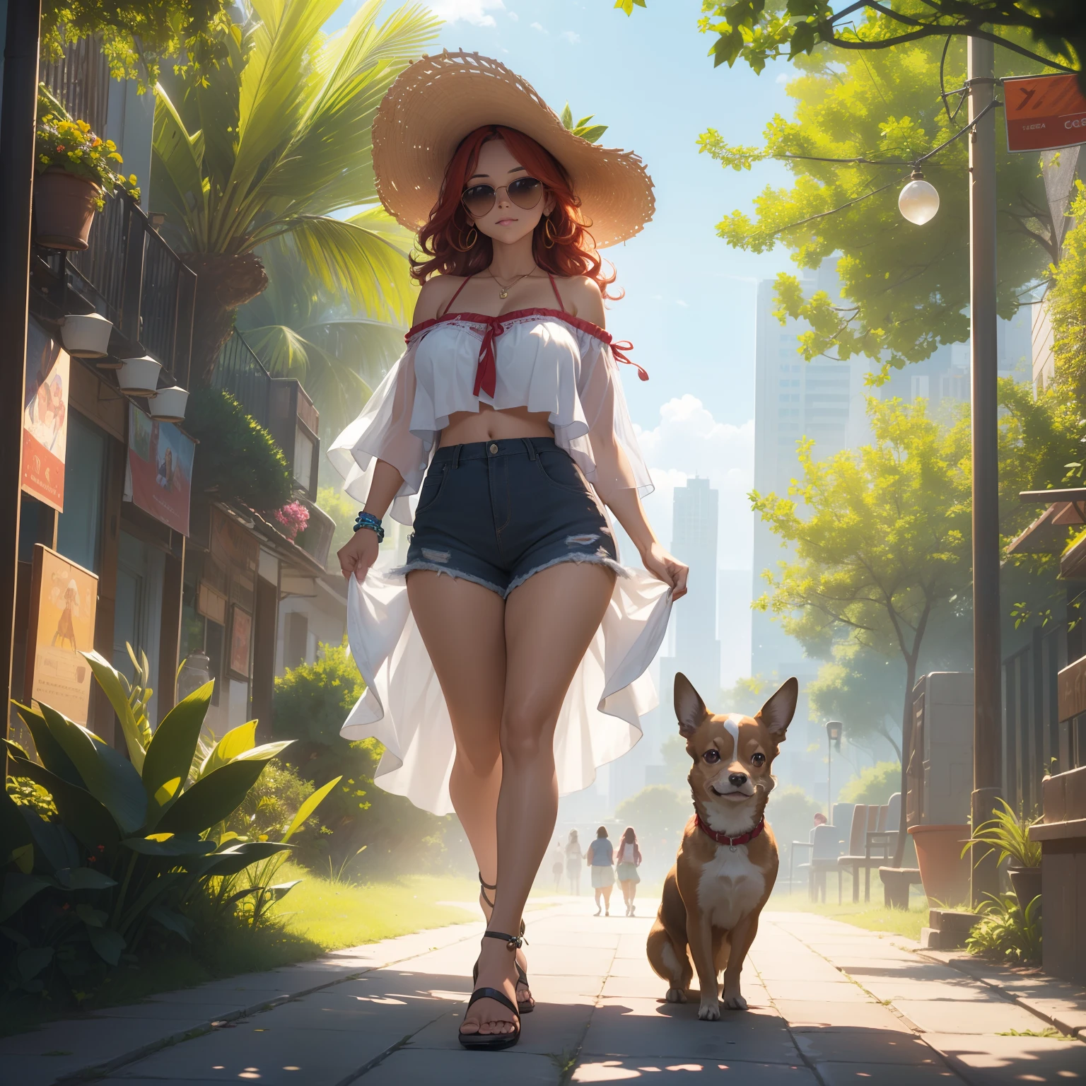 ((masterpiece, best quality, 4k, photorealistic)), (((wide shot, full body))), (((front view, from below)), expressive eyes, perfect face, nice hands, large cleavage, underboobs, long round legs, curvaceous body, In a serene park nook, a city girl ambles alongside her lively Chihuahua along a sunlit trail, her striking red hair, a cascade of vibrant curls, dances with the gentle breeze, reflecting the Chihuahua's spirited enthusiasm, a pair of fashionable sunglasses rests stylishly on her head, infusing an urban edge, donning a bohemian-inspired, off-the-shoulder blouse that hugs her frame and super shorts that reveal her sun-bronzed skin, she embraces both the day's warmth and the park's natural beauty, completing the look, her feet are encased in strappy sandals, perfect for the adventure ahead, a stack of beaded bracelets encircles her wrist, each representing cherished city memories, their bond radiates as the Chihuahua accompanies her, an embodiment of seamless urban elegance and natural allure, crafting a captivating portrait of their companionship amidst the tranquil park backdrop.