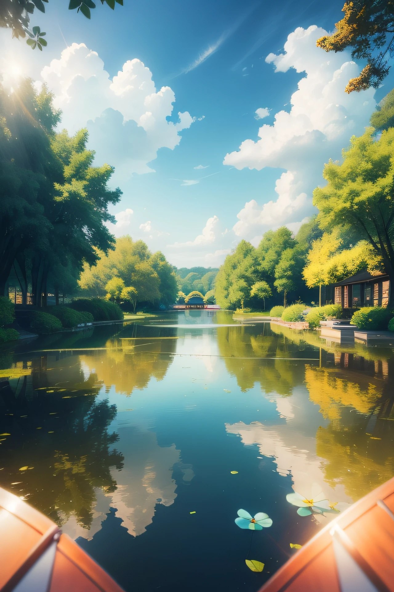 wall-paper、Summer pond、chii、Colorful colorful boats、Afternoon sun、pond background、depth of fields、Hot weather、high resolution details、Wet watermark、ultra-detailliert、filmg、surrealism、Soft light、Deep field focus bokeh、Ray traching、diffused(Ultra-fine glass reflection)、surrealism。 --v6
