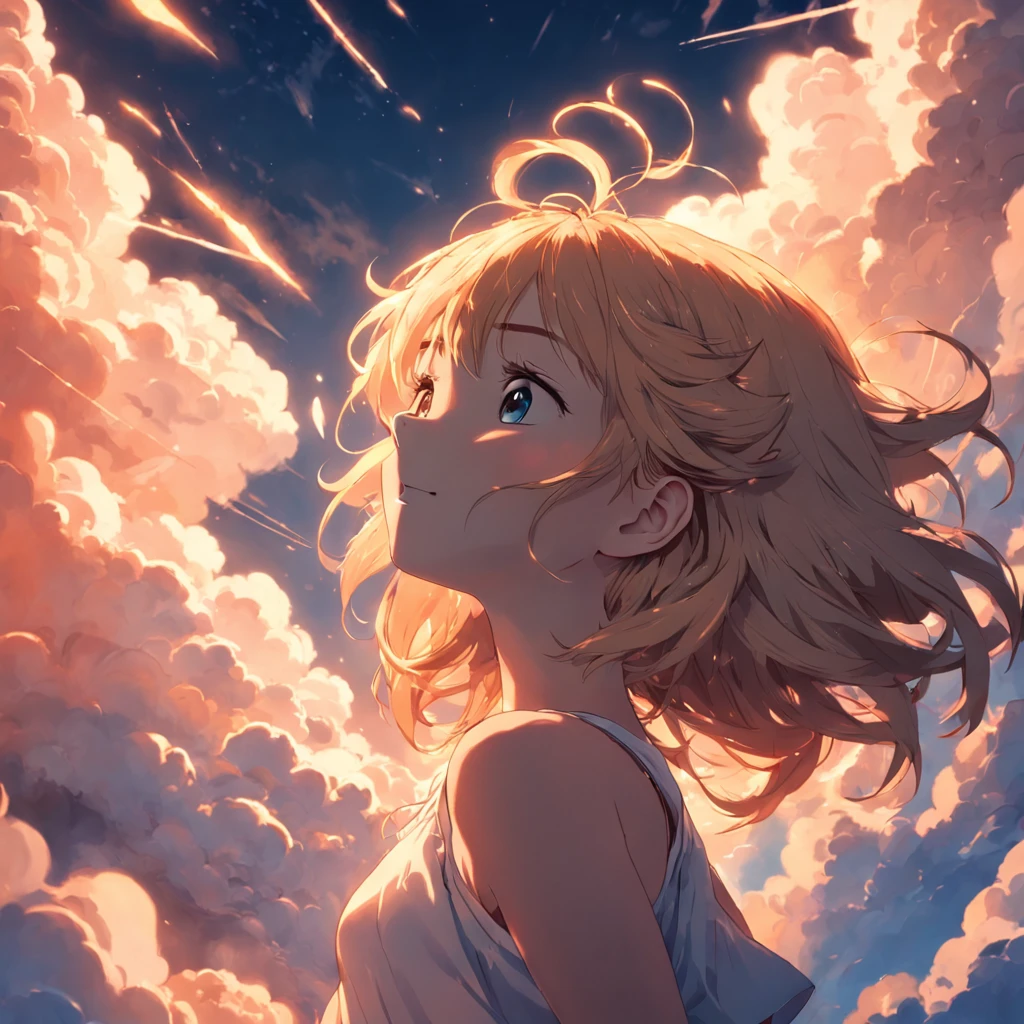masterpiece, best quality, movie still, 1girl, cloud girl, floating in the sky, close-up, bright, happy, warm soft lighting, sunset, (sparks:0.7)