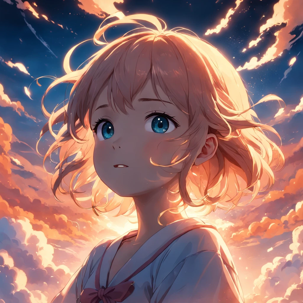 masterpiece, best quality, movie still, 1girl, cloud girl, floating in the sky, close-up, bright, happy, warm soft lighting, sunset, (sparks:0.7)