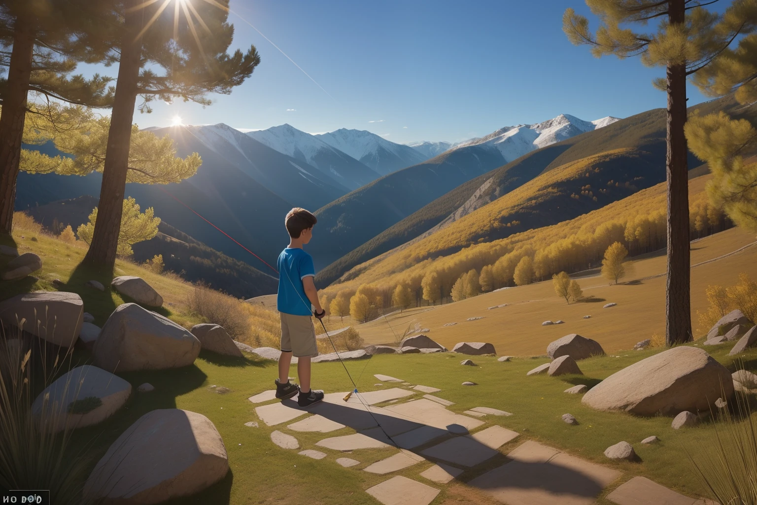 Date: 2009
Country: Andorra
Description: Against the backdrop of a serene Andorran mountain landscape, a teenage Andorran boy practices his archery skills in a sunlit clearing. His concentration and precision stand out against the soft pastel hues of the surrounding nature. The sunlight filters through the trees, casting playful patterns on the ground, as the boy embraces the serenity of the moment.