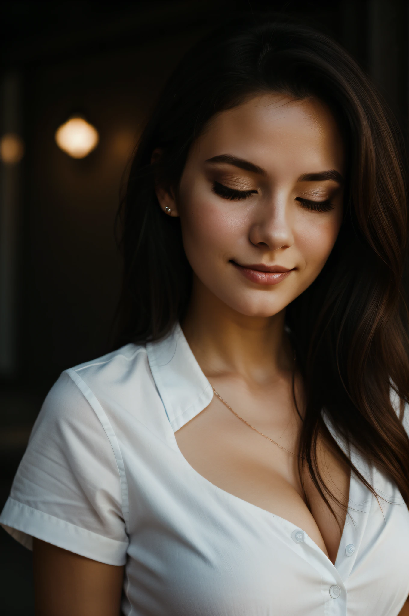 cute woman wearing white shirt, depth of field, shadows, messy hair, perfect face, dark, nighttime, grainy, seductive smirk, eyes closed