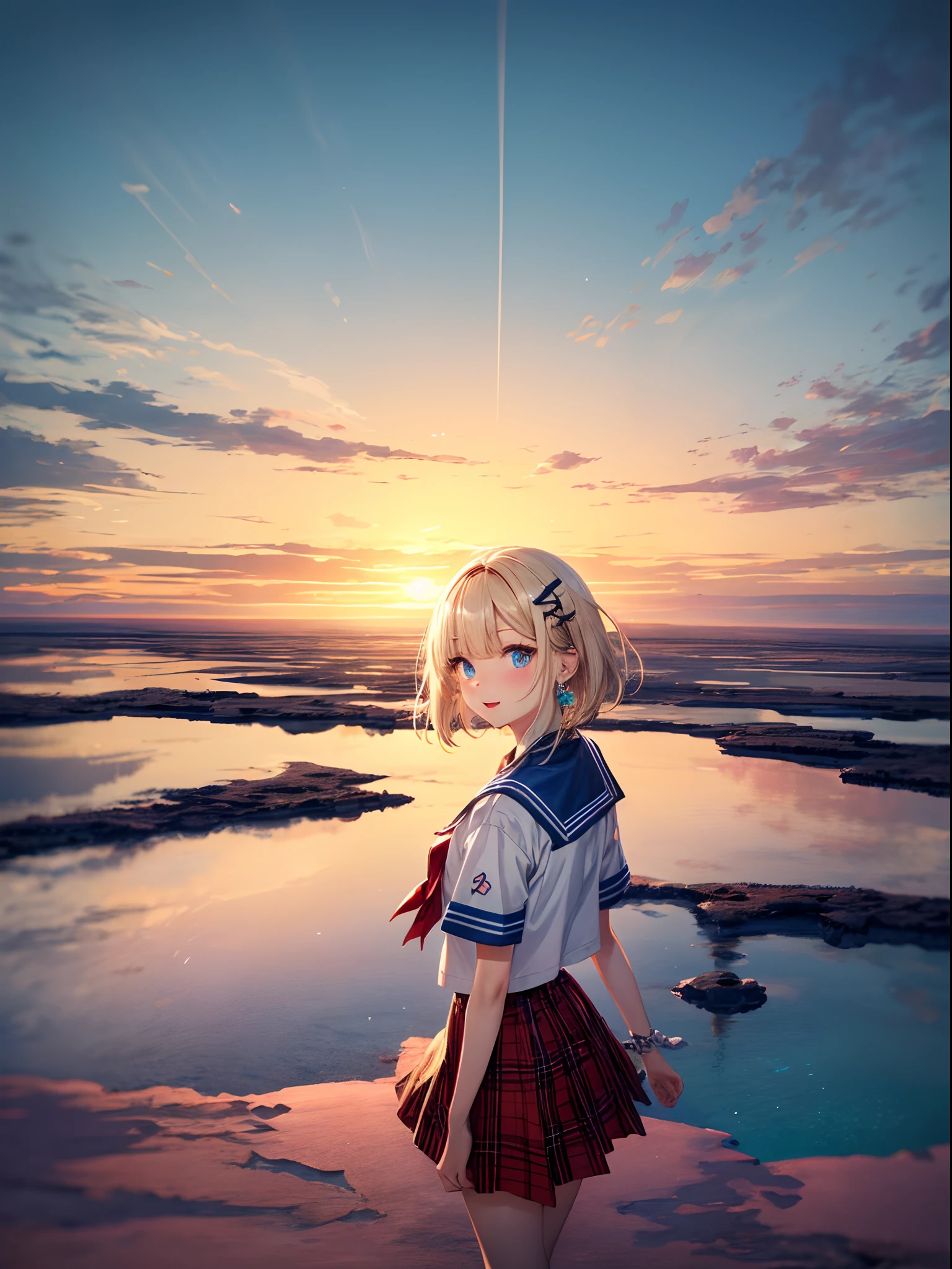absurderes, (独奏:1.5,)ultra-detailliert,bright colour, extremely beautiful detailed anime face and eyes, view straight on, ;D, shiny_skin,25 years old, Short hair, , asymmetrical bangs, Blonde hair with short twin tails, Shiny hair, Delicate beautiful face, red blush、(Blue eyes), White skin, hair clips, earrings, a sailor suit,Plaidskirt、(Salar de Uyuni:1.3)