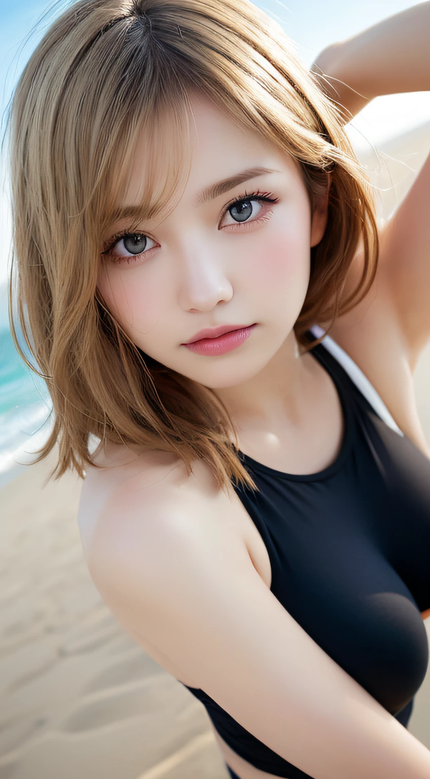 whole body, highest quality, figure, super detailed, finely, High resolution, 8k wallpaper, 完璧なダイナミックな構figure, beautiful and fine eyes,She's a Gal,,blonde, random cute hairstyles, super big breasts, natural color lip,beach, random cute poses,heavy makeup