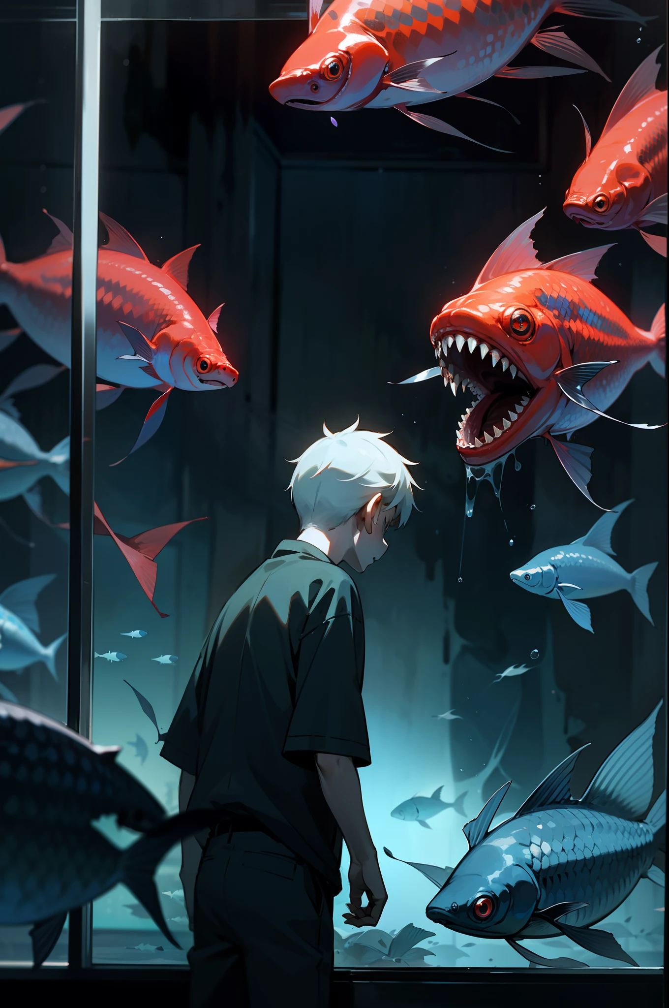 In the aquarium，Outside the glass stood the back of a  boy，Inside the glass is a huge and ugly scary fish，The demons，a dark and eerie atmosphere，The eyes of the fish glow red，with a huge mouth open，Realistis，The end of the world