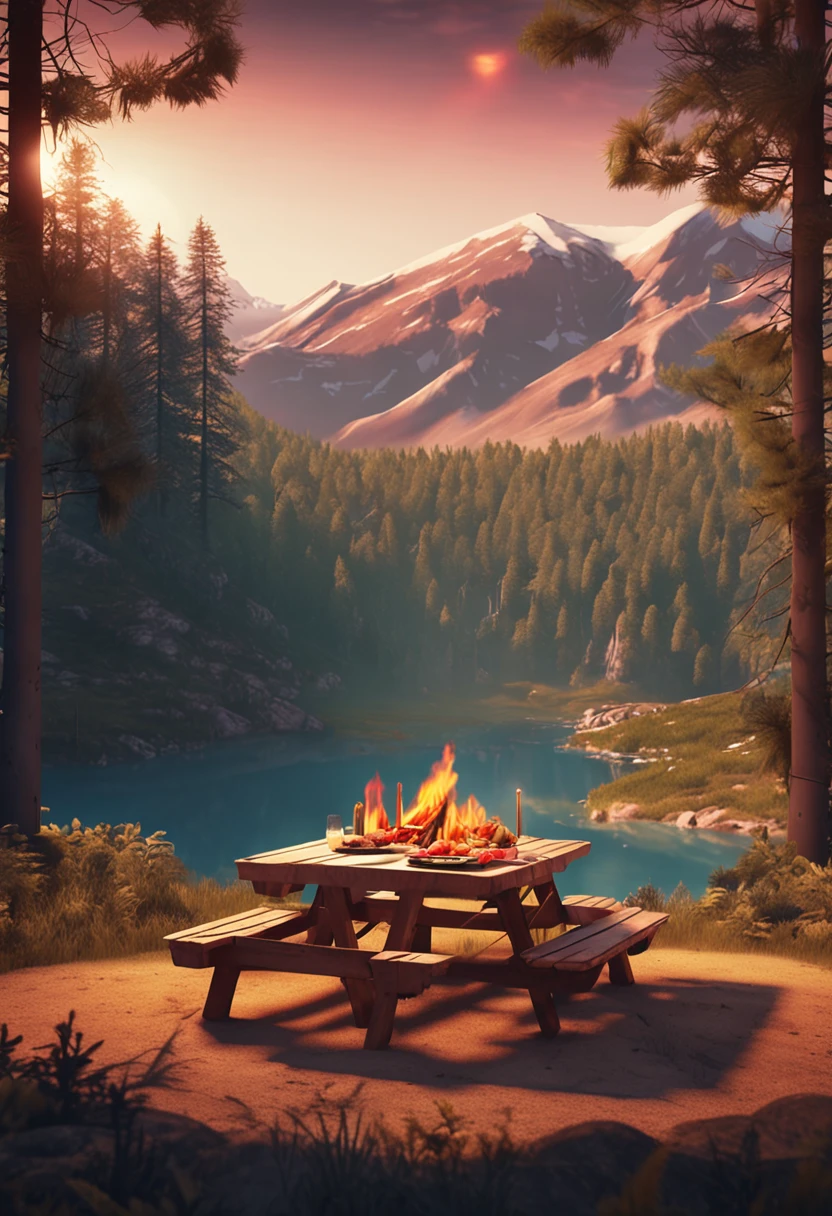 Summer camping picnic table realistic light natural
