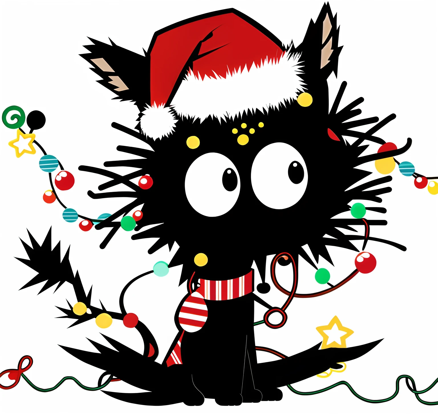 Cartoon cat close-up in Santa hat, darkly, !!!! cat!!!!, festivity, cat with a hat, lit up, awww, A cat, cat with a hat, adolable, large view, skottie young, a sad, tufty whiskers, Fully decorated, very silly looking, Lights on, ( art fitzpatrick )
