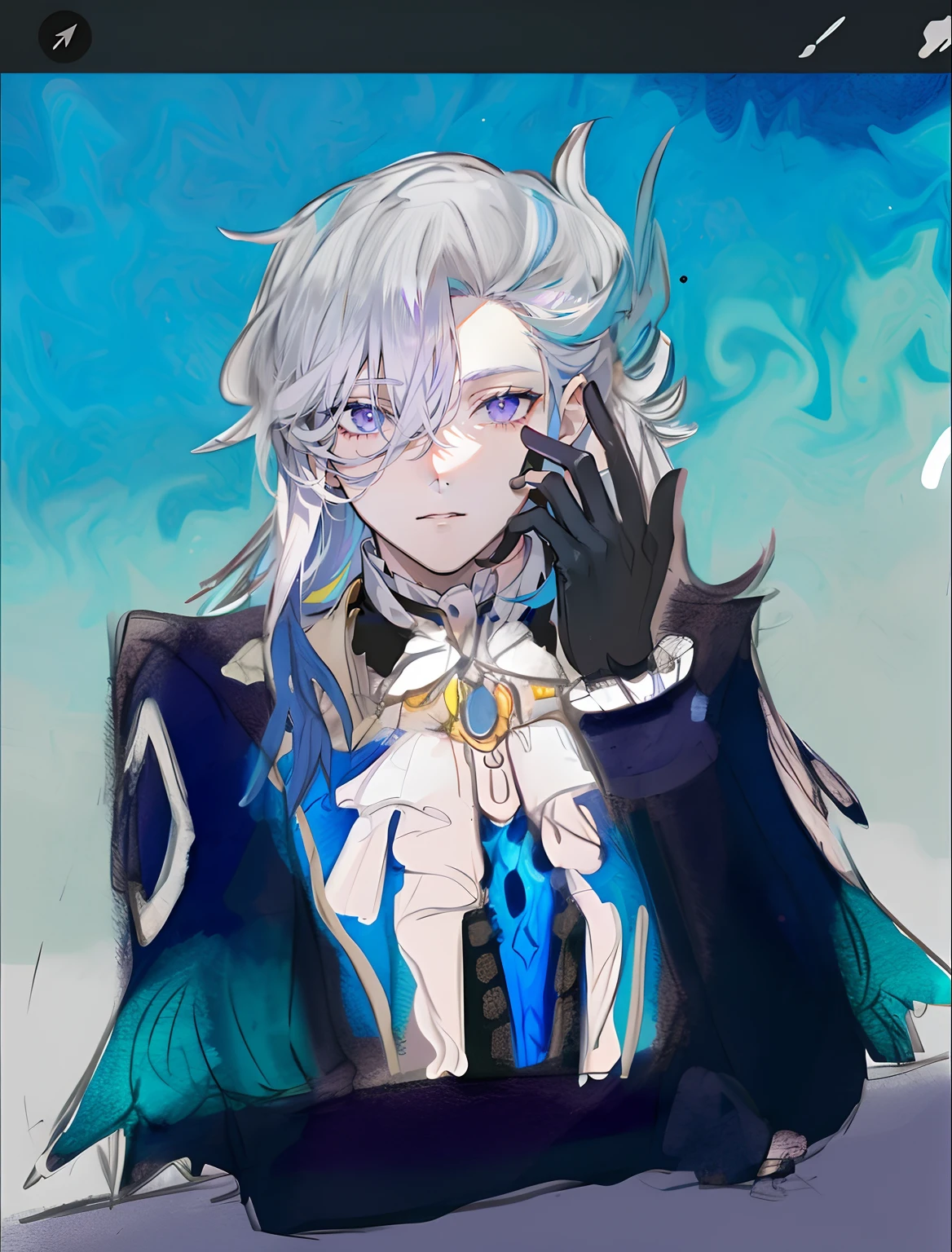 Male beauty，Beautiful long white hair，Purple eye，Black and blue clothes