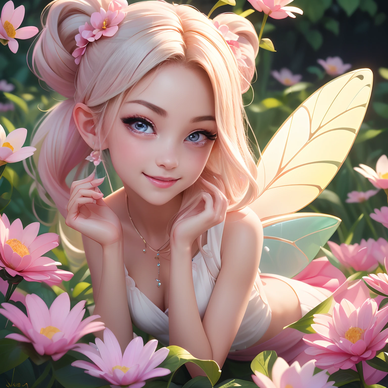 absurderes, A high resolution, (Anime style:1.1),((masutepiece)), ((Best quality)), (Ultra-detailed), (Beautiful),((Smiling kawaii girl)、Top image quality、tmasterpiece、(In the middle of a large flower,Lie on the flowers)、full body Esbian、1 rapariga、独奏、Cute Baby Turtle、50mm portrait、Delicate facial features、Half realistic、foco nítido、Crystal clear white skin、full body Esbian、(Hair color pink)、Flower garden、Smell the flowers、are flying、(A small fairy with a total length of about 10 cm:1.2)、(gently smiling)、Pink delicate eyes、(Bare legged)
