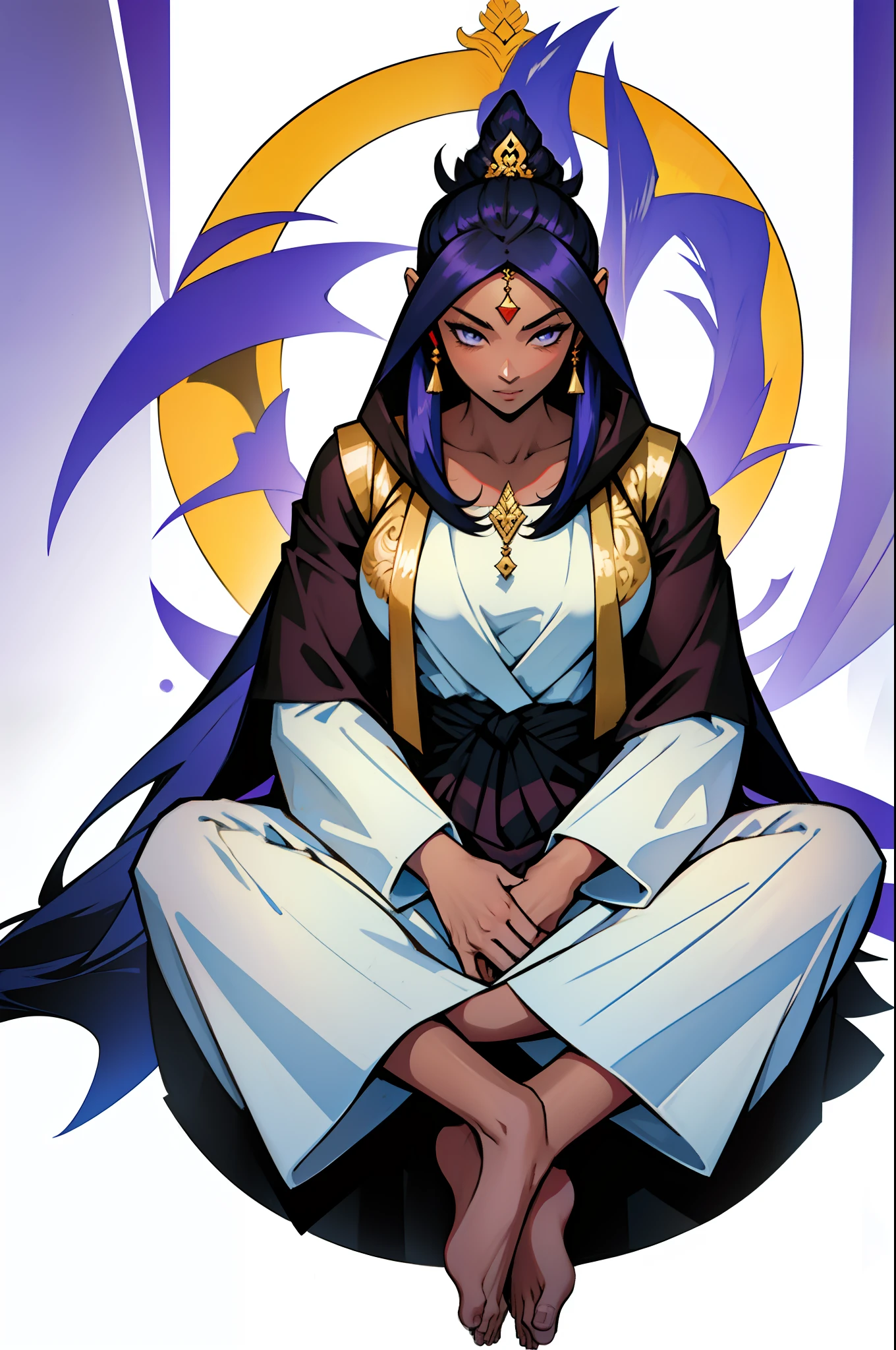 anime style, Southeast Asian, Khmer woman, woman, Khmer, Cambodian, hindu style, spiritual goddess, deity, full body from head to toe, dark chocolate skin tone, hair all down hairstyle, meditation position, seating position, prayer, wearing a grey long hoodie robe dress, white color hair, I want the picture to be complete and accurate, all pure white background scenery, "centered postition",